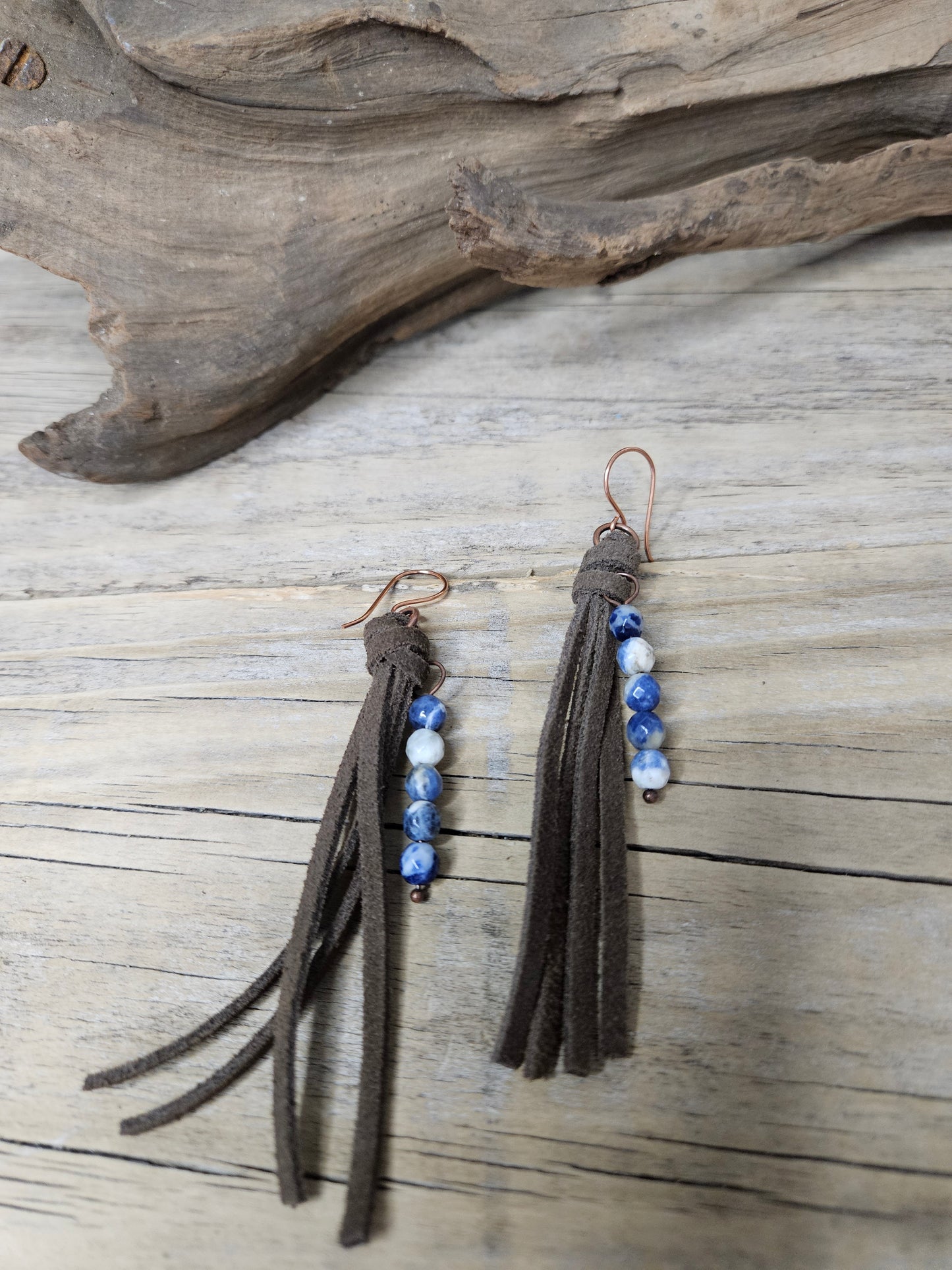 Sodalite Leather Fringe Boho Dangle Copper Earrings