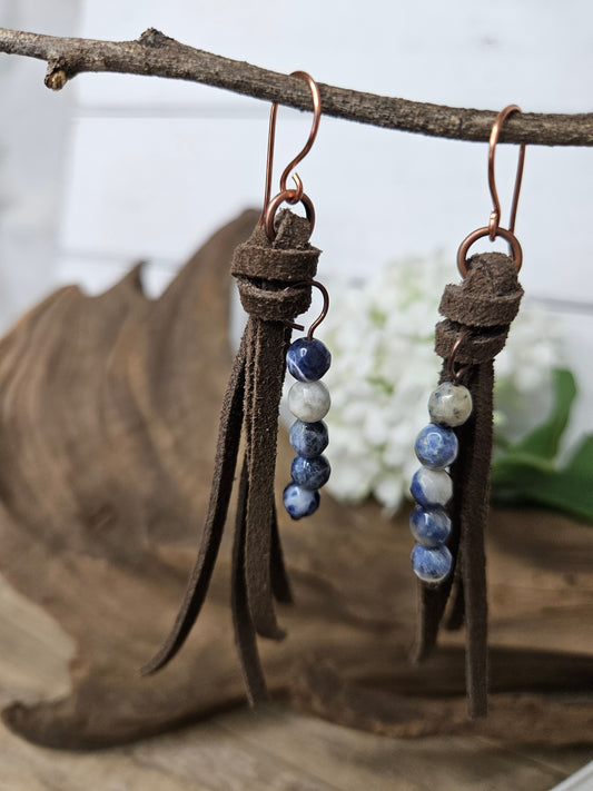 Sodalite Leather Fringe Boho Dangle Copper Earrings