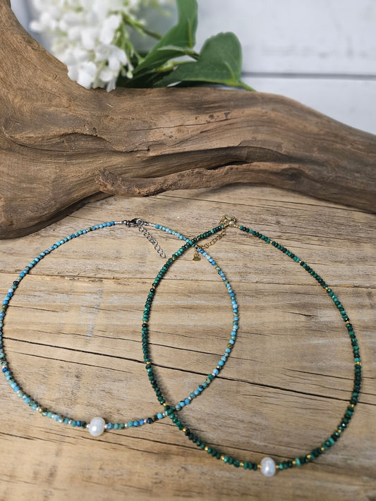 Malachite-Turquoise Freshwater Pearl Beaded Necklace
