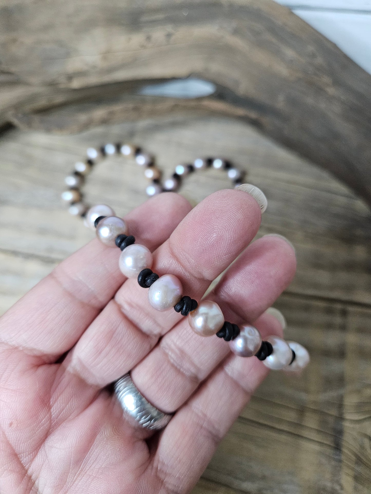 Leather Pearl Mauve Peach color Freshwater Pearl Bracelet