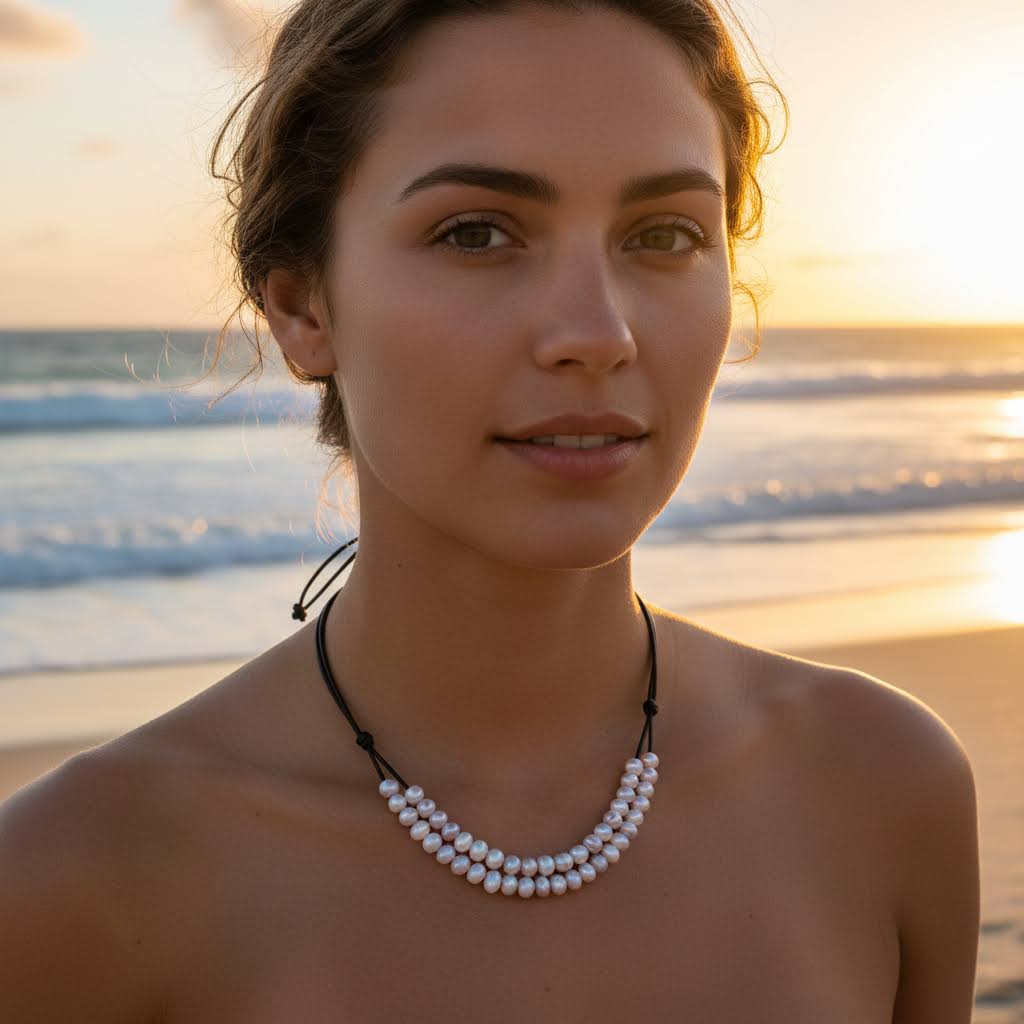 Mauve Freshwater Pearl Multi-Row Knotted Necklace on Black Leather