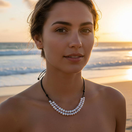 Mauve Freshwater Pearl Multi-Row Knotted Necklace on Black Leather