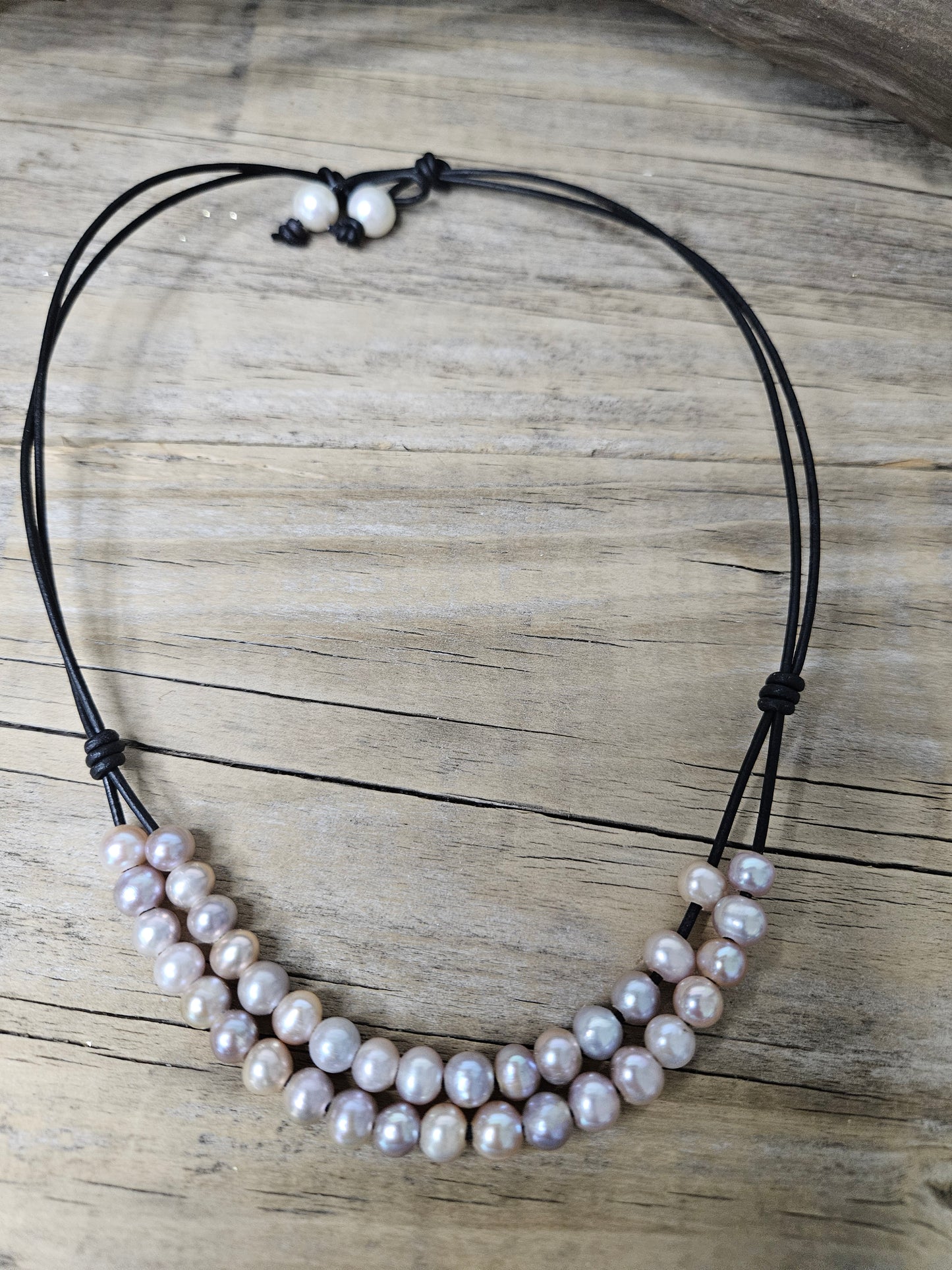 Mauve Freshwater Pearl Multi-Row Knotted Necklace on Black Leather