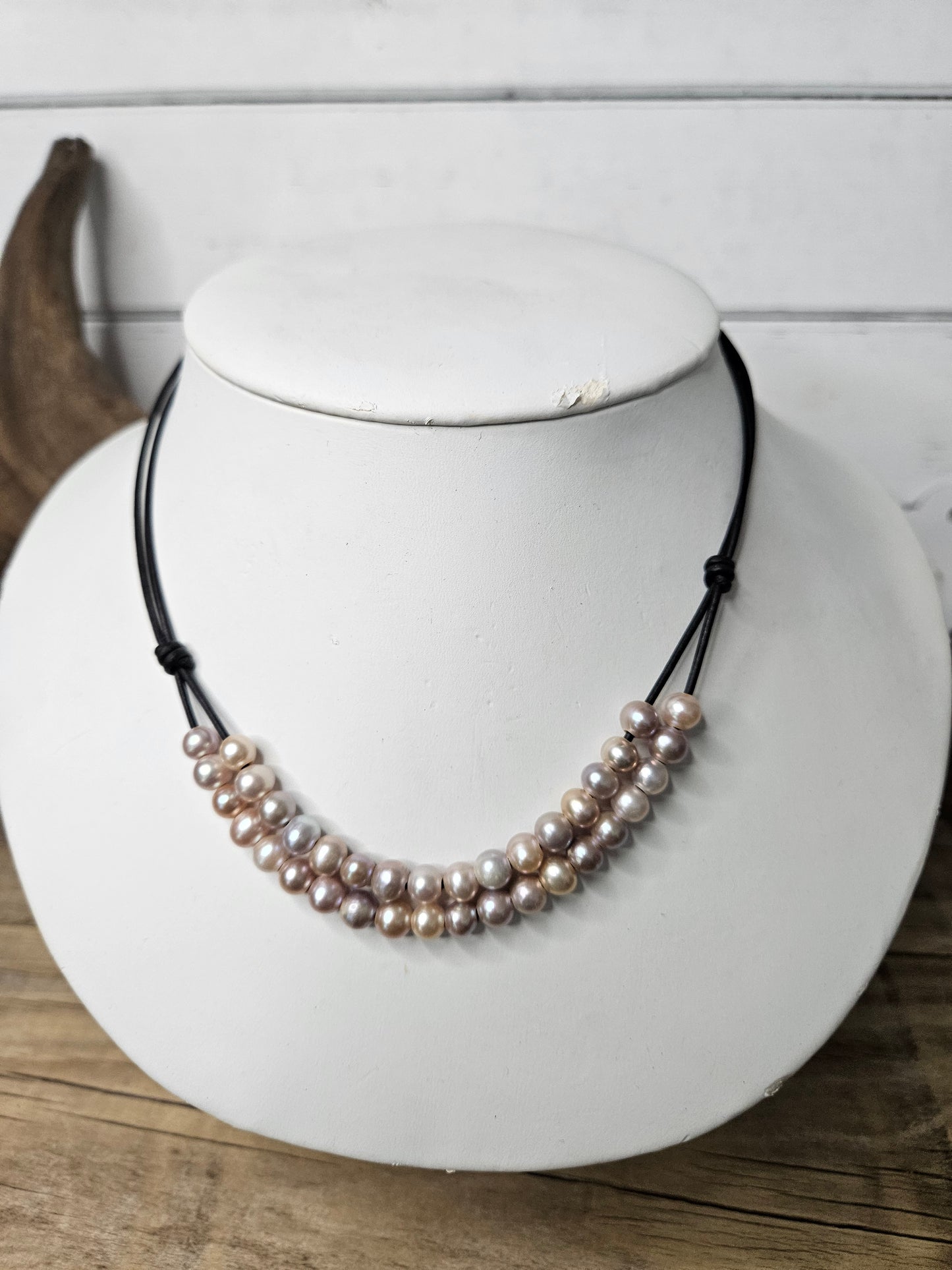 Mauve Freshwater Pearl Multi-Row Knotted Necklace on Black Leather