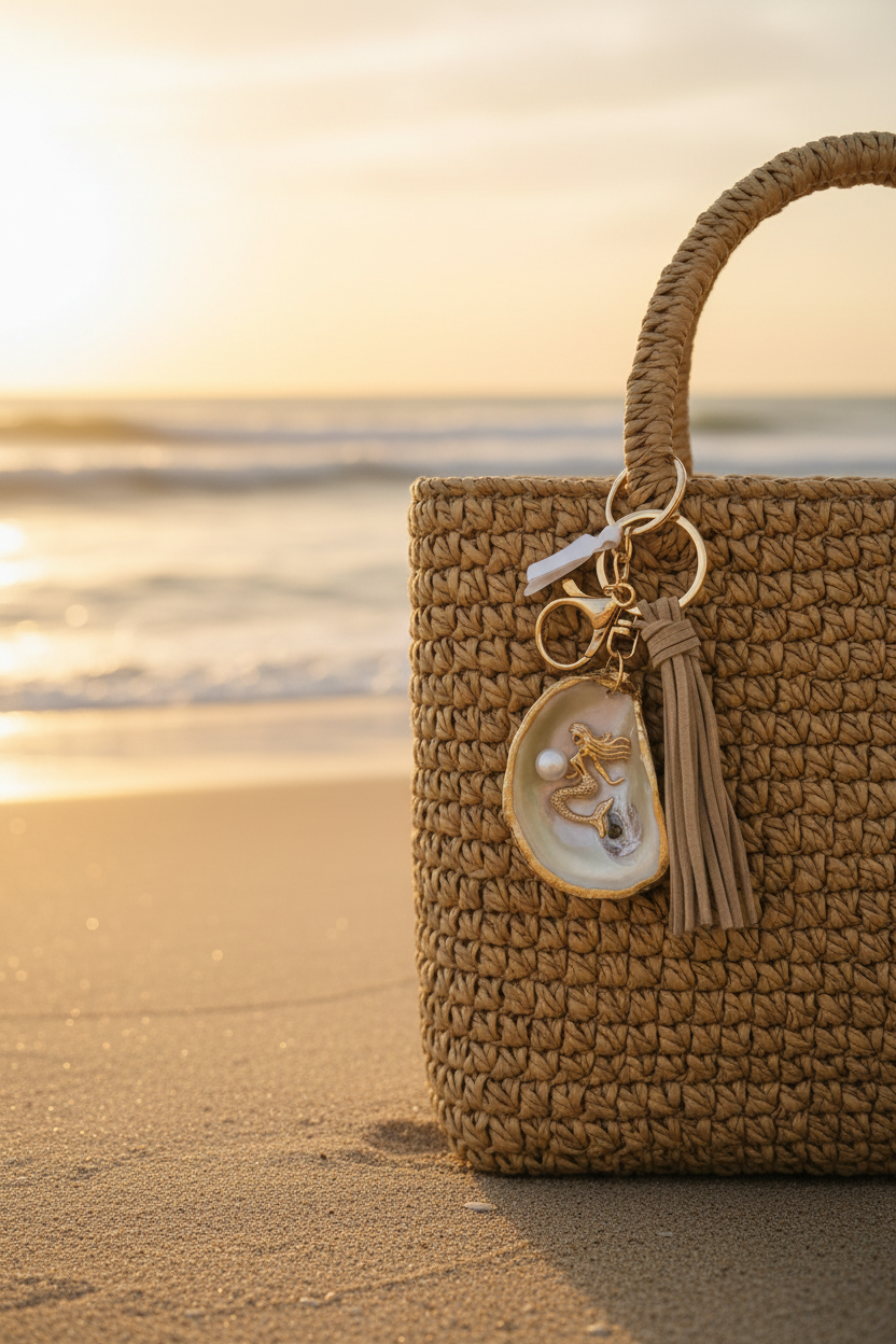 Mermaid Oyster Shell Keychain - Beach Background