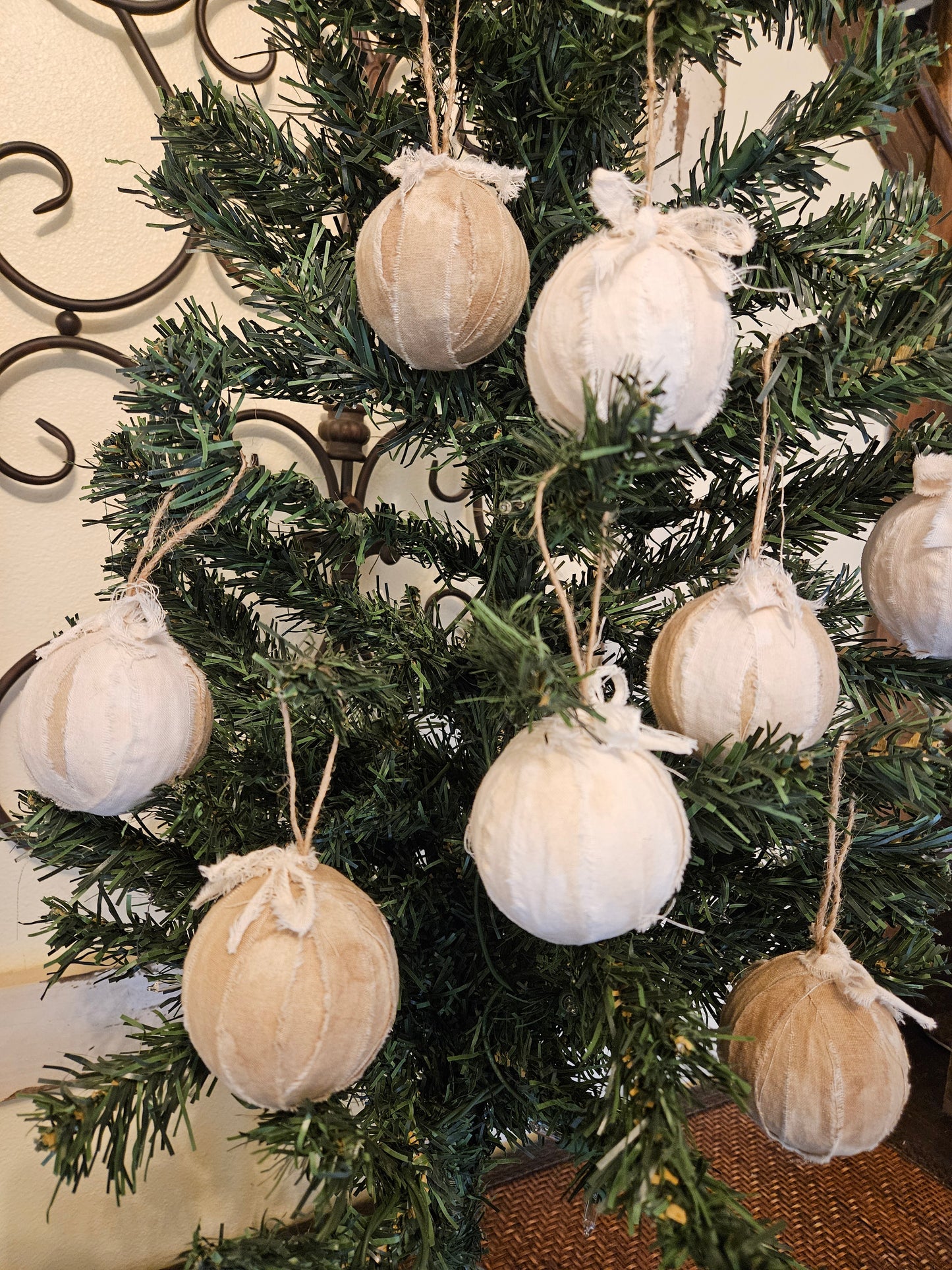 Primitive Shabby Chic Farmhouse Cottage mixed Cotton Rag Fabric Ball Ornaments