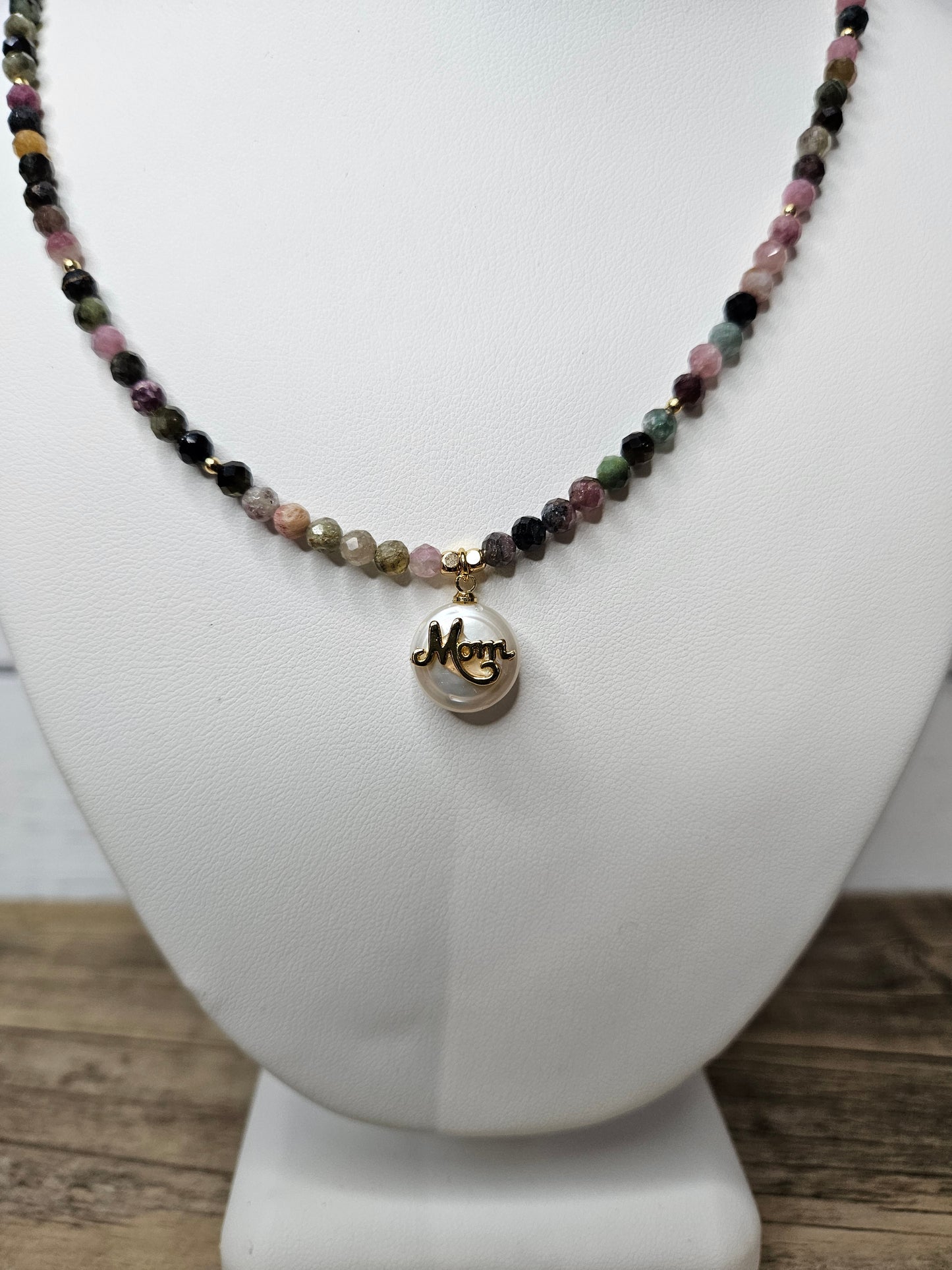 Tourmaline Pearl Mom Pendant Necklace: Beaded Boho Jewelry