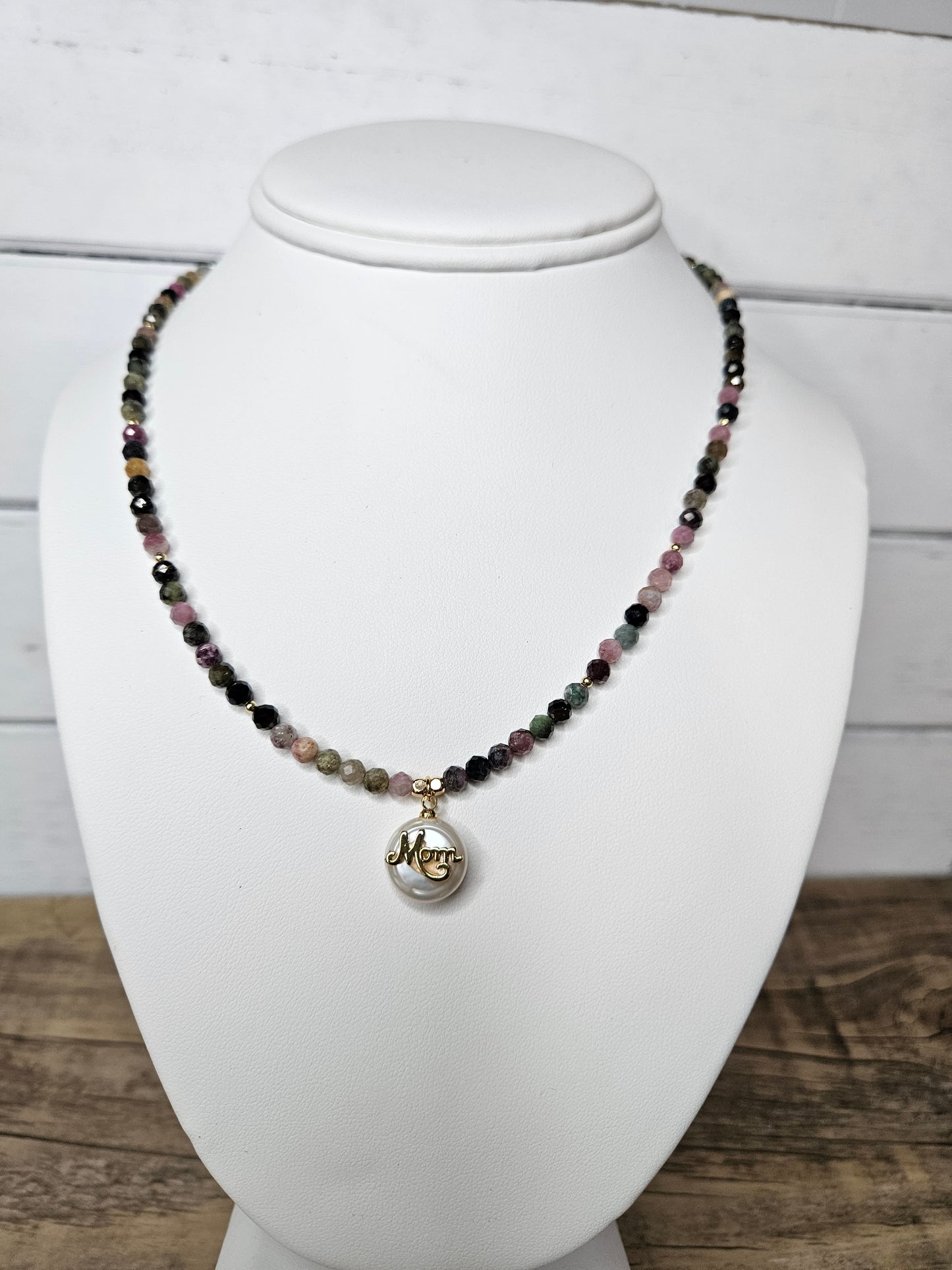 Tourmaline Pearl Mom Pendant Necklace: Beaded Boho Jewelry