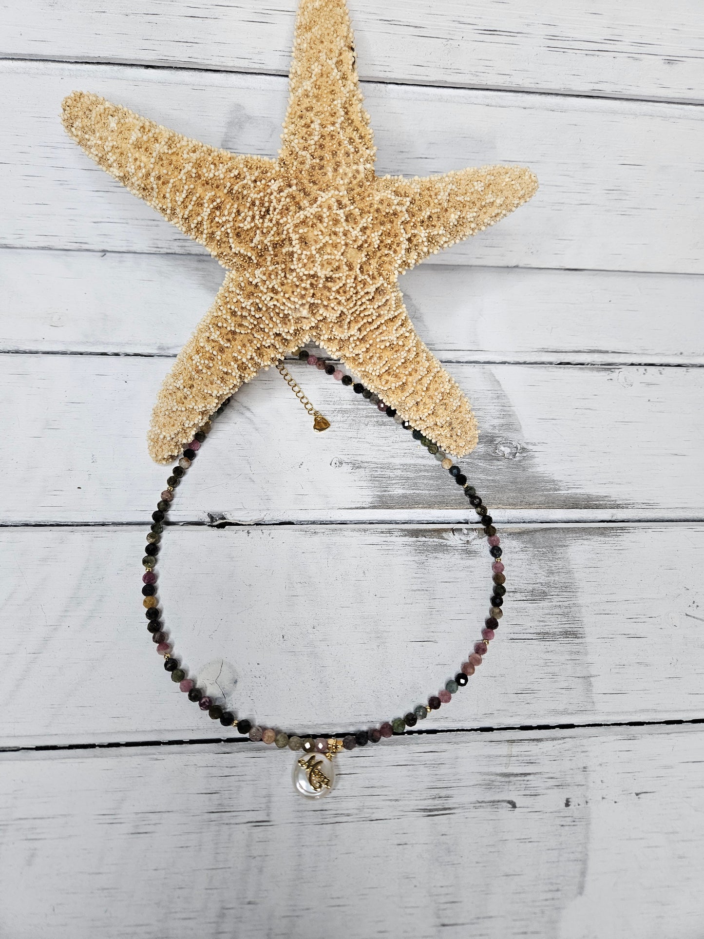 Tourmaline Pearl Mom Pendant Necklace: Beaded Boho Jewelry