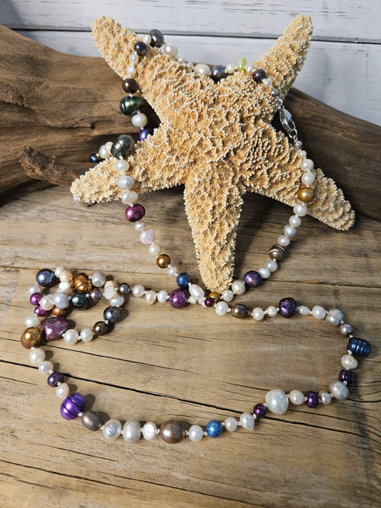 Hand Knotted Mixed Color Freshwater Pearl Long Necklace