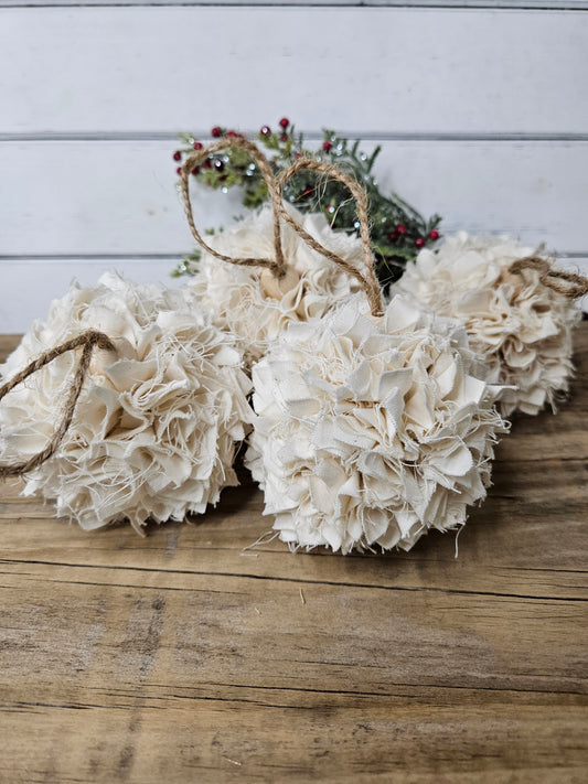 Rustic White or cream Rag Cloth Christmas Ornaments - Farmhouse Set of 4