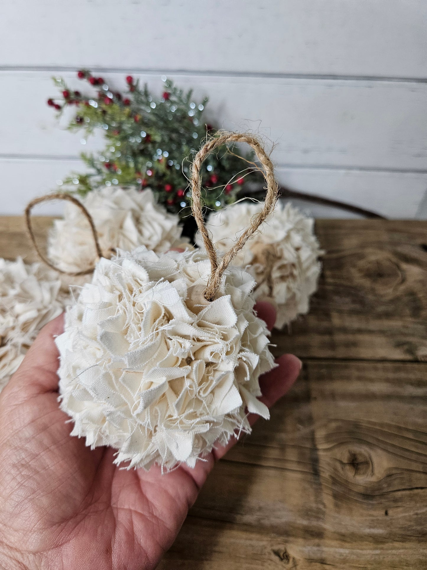 Rustic White or cream Rag Cloth Christmas Ornaments - Farmhouse Set of 4