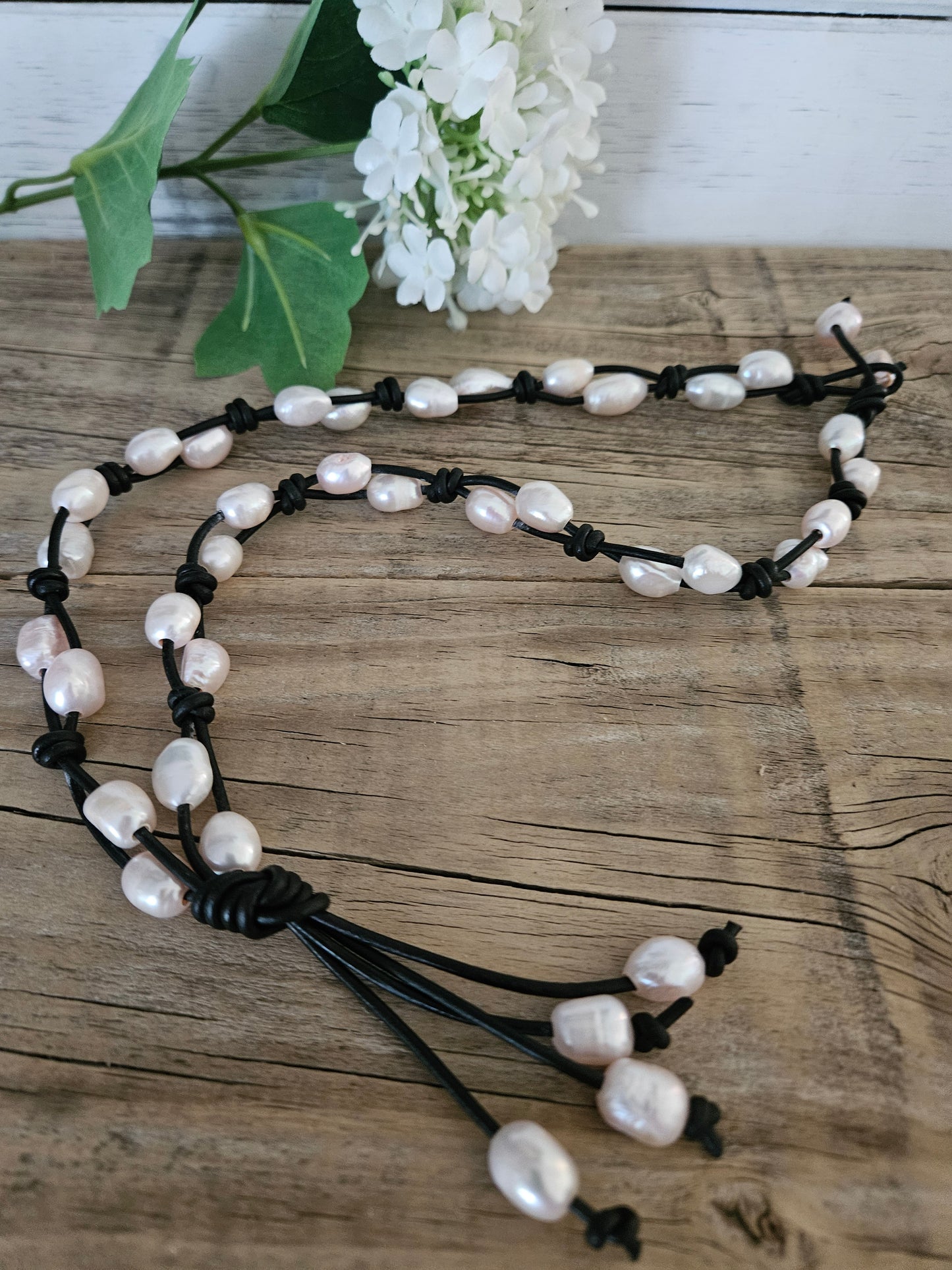 Pale Pink Baroque Pearl Tassel Necklace on Black Leather