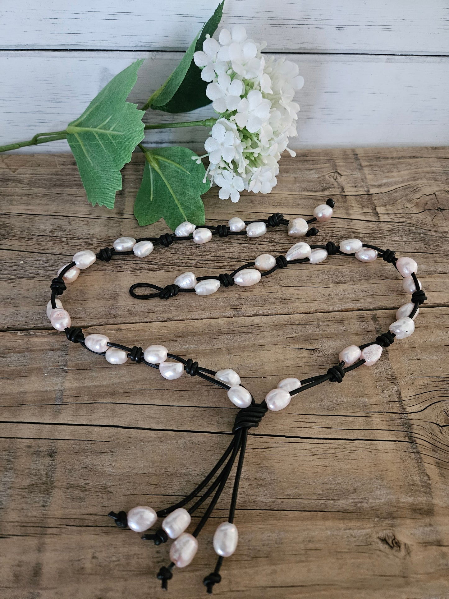 Pale Pink Baroque Pearl Tassel Necklace on Black Leather