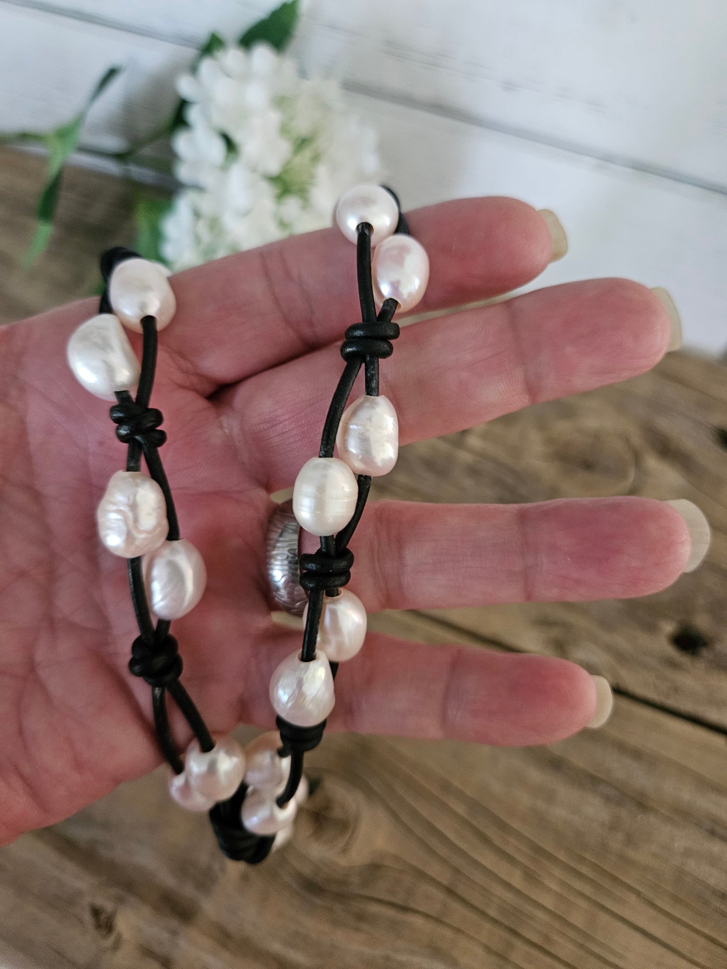 Pale Pink Baroque Pearl Tassel Necklace on Black Leather
