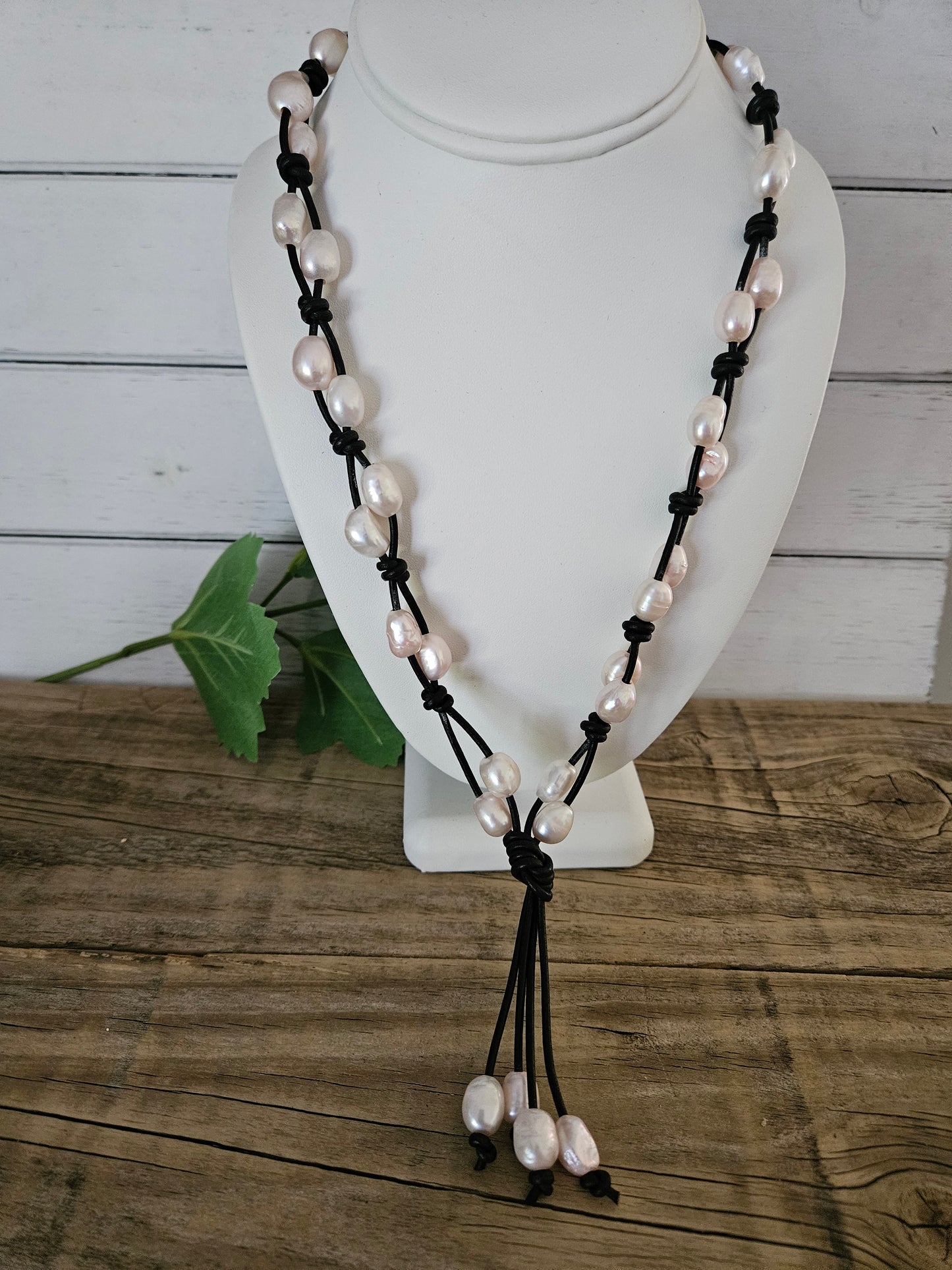 Pale Pink Baroque Pearl Tassel Necklace on Black Leather