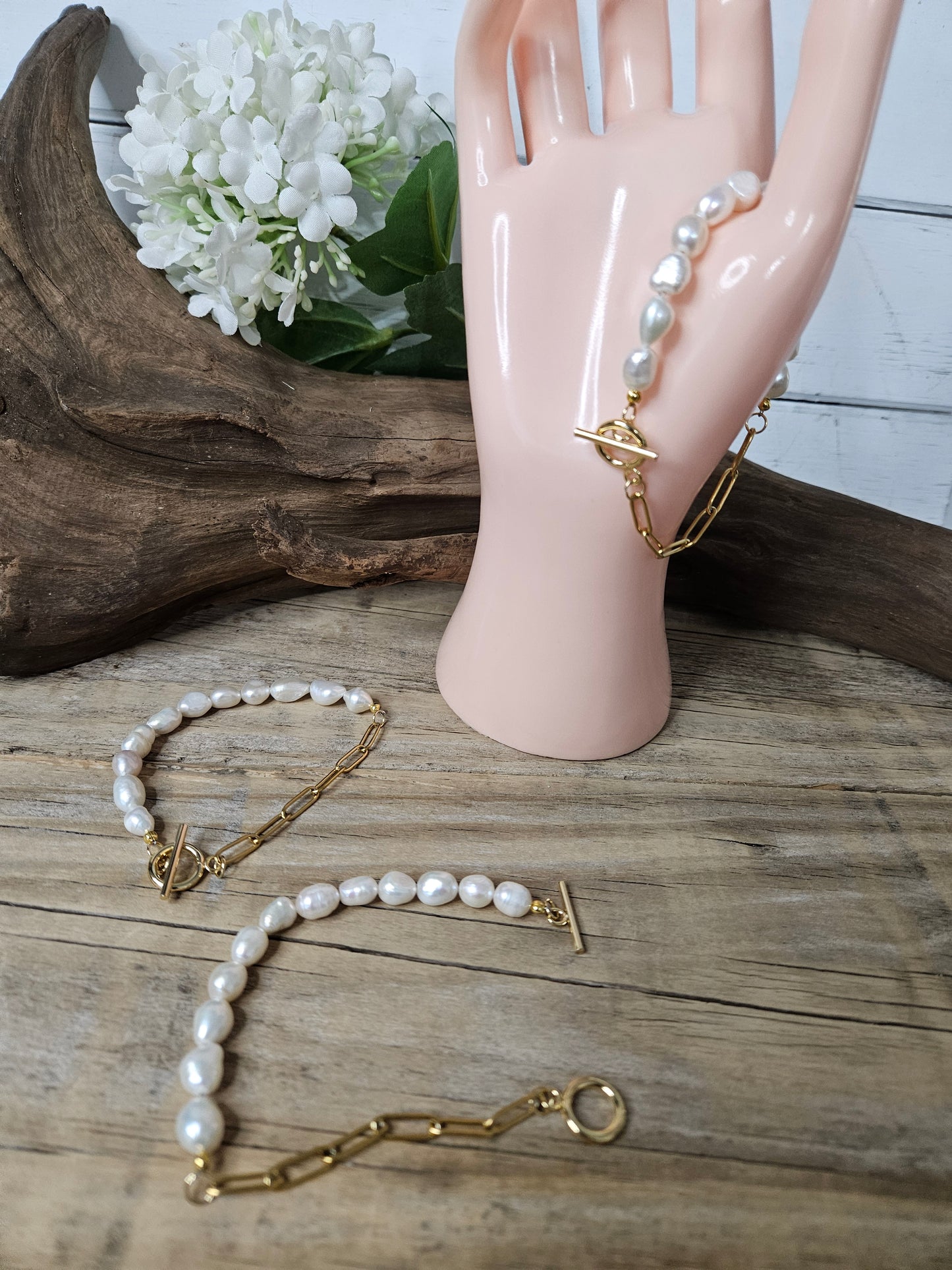 Paperclip Freshwater Pearl Toggle Bracelet