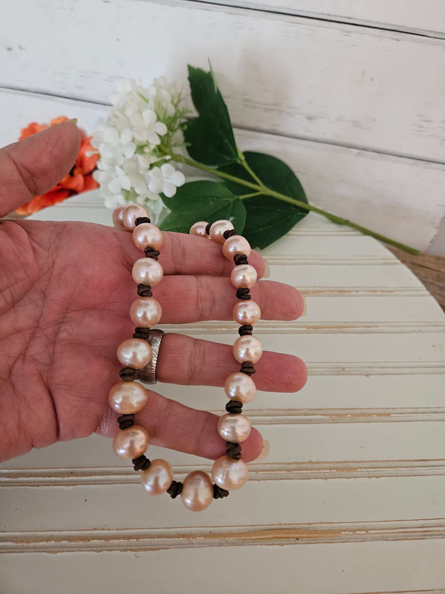 Freshwater Peach Pearl Leather Necklace: USA Handmade Hippie Jewelry