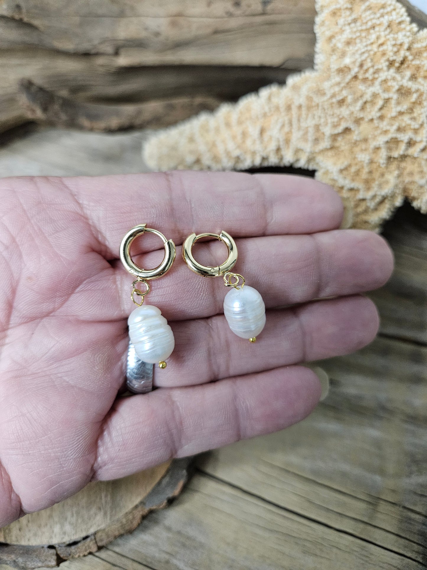 White Freshwater Pearl Gold Huggie Earrings