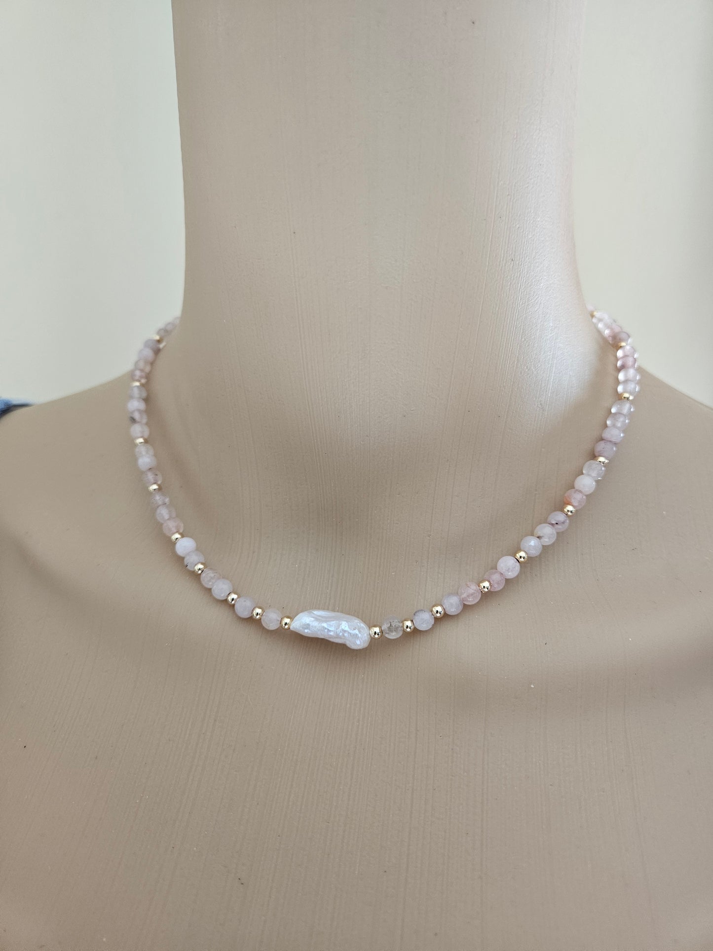 Boho Pink Rose Quartz Baroque Pearl Semi Precious Stone Necklace