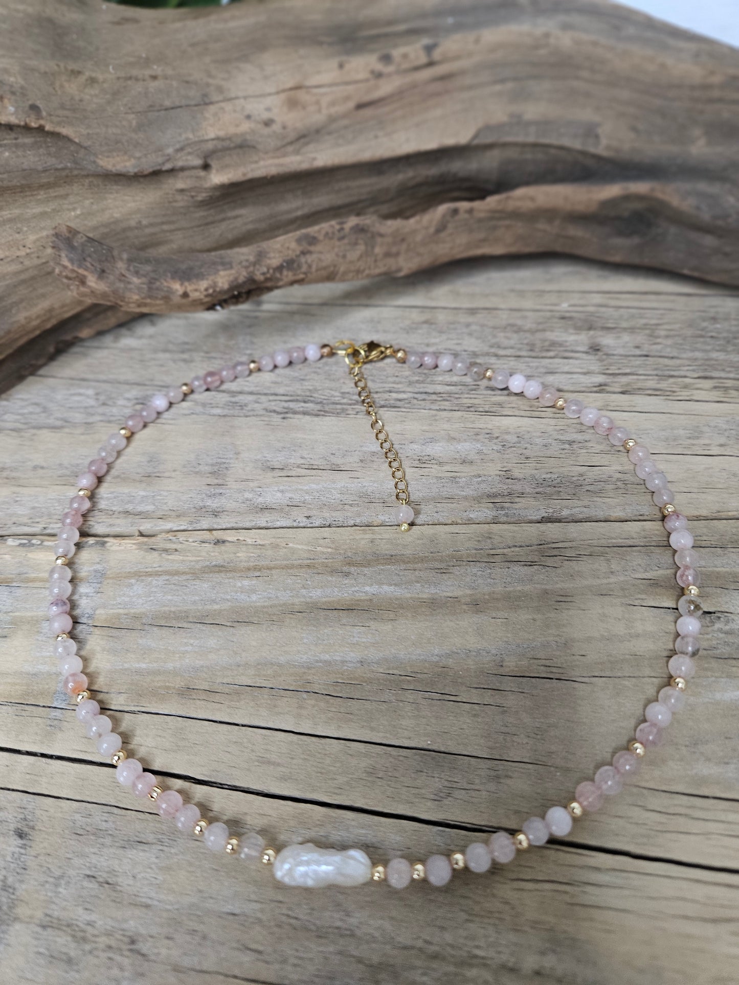 Boho Pink Rose Quartz Baroque Pearl Semi Precious Stone Necklace