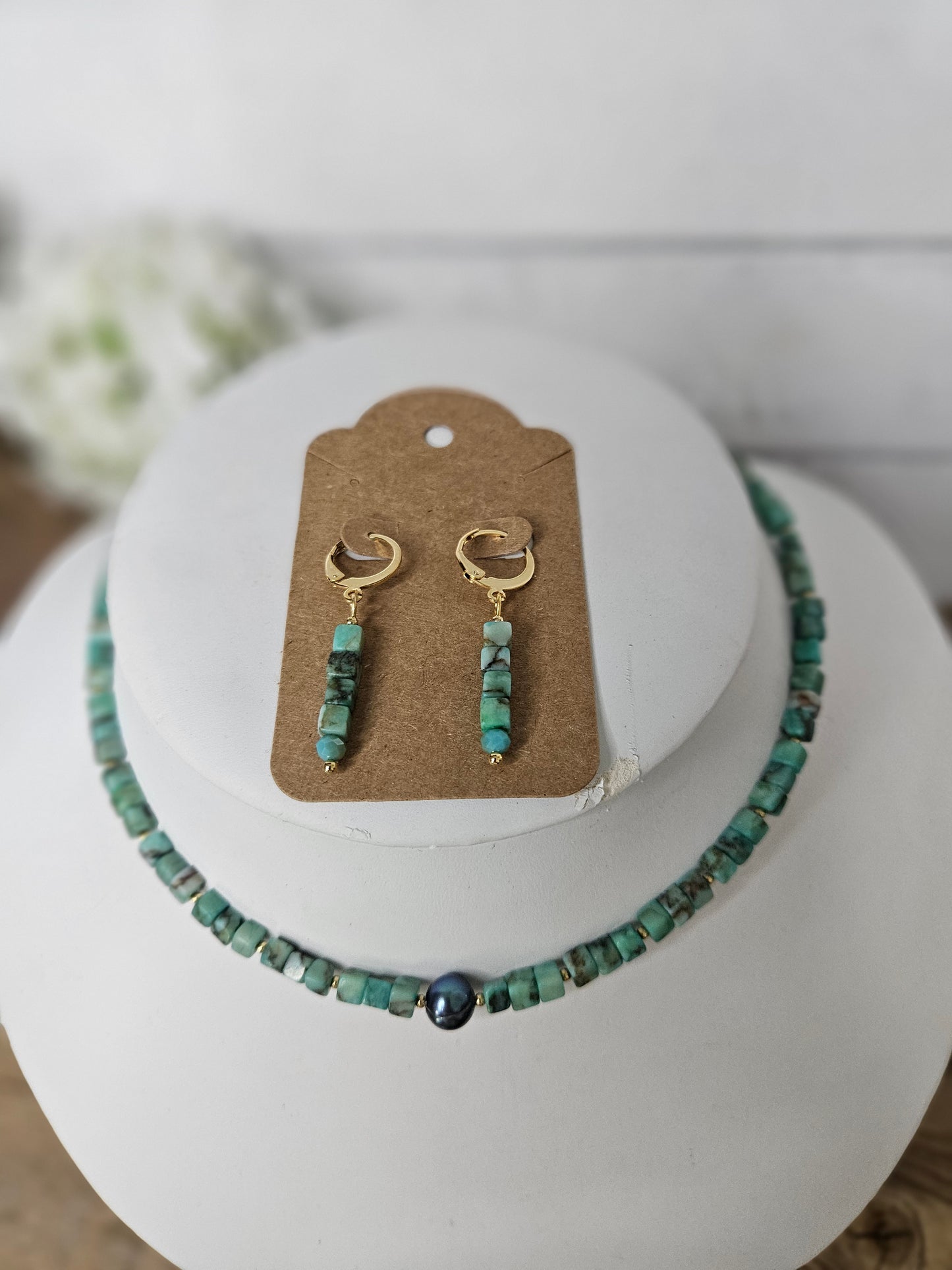 Turquoise color Shell Pearl Necklace Earring Set