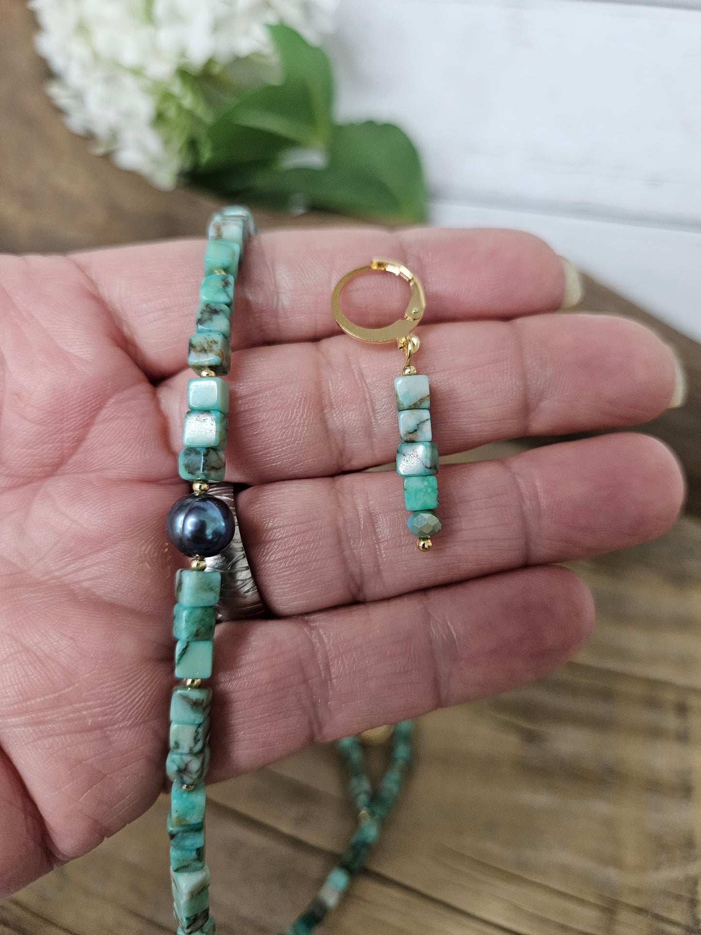 Turquoise color Shell Pearl Necklace Earring Set