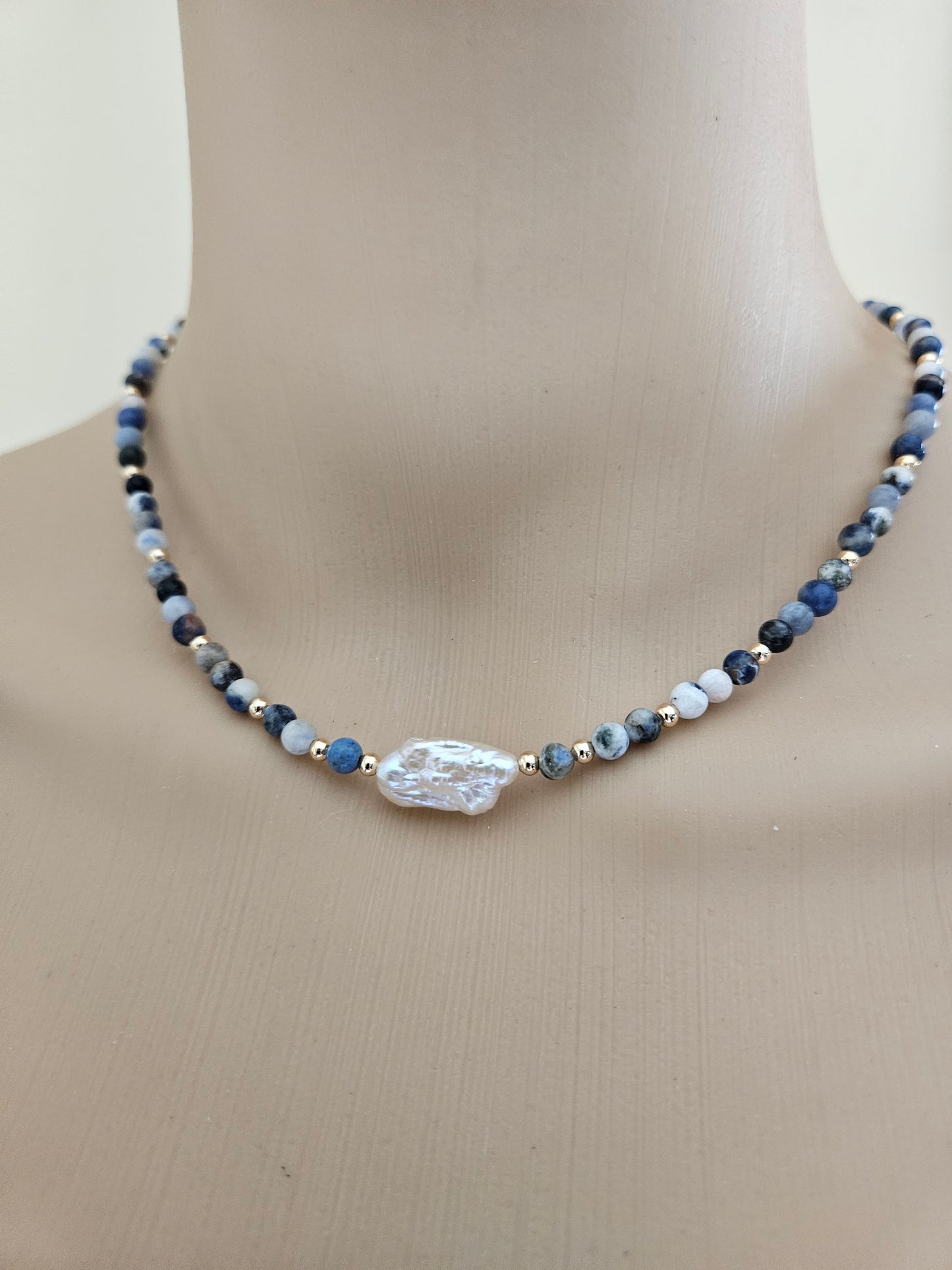 Boho Sodalite Baroque Pearl Semi Precious Stone Necklace