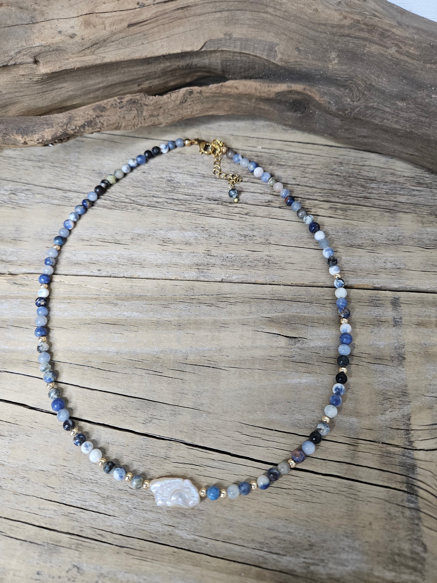 Boho Sodalite Baroque Pearl Semi Precious Stone Necklace
