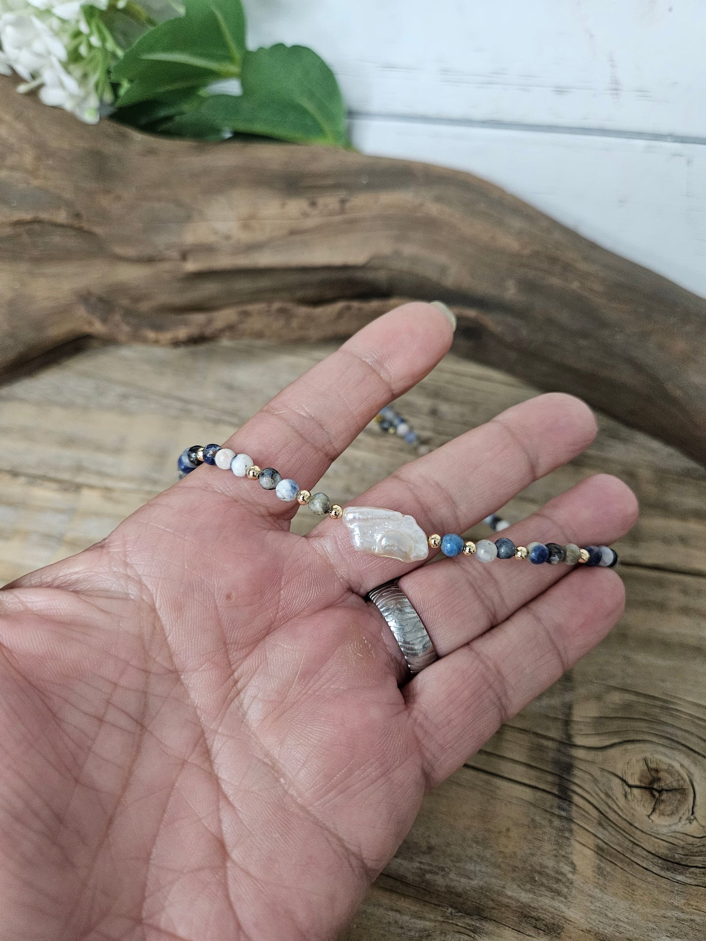 Boho Sodalite Baroque Pearl Semi Precious Stone Necklace