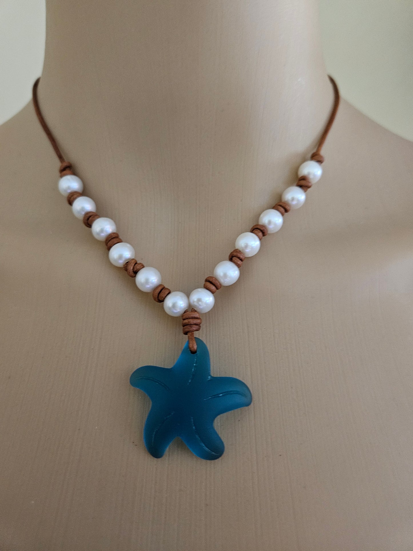 Freshwater Pearl on Leather Blue Sea Glass Starfish Pendent Necklace