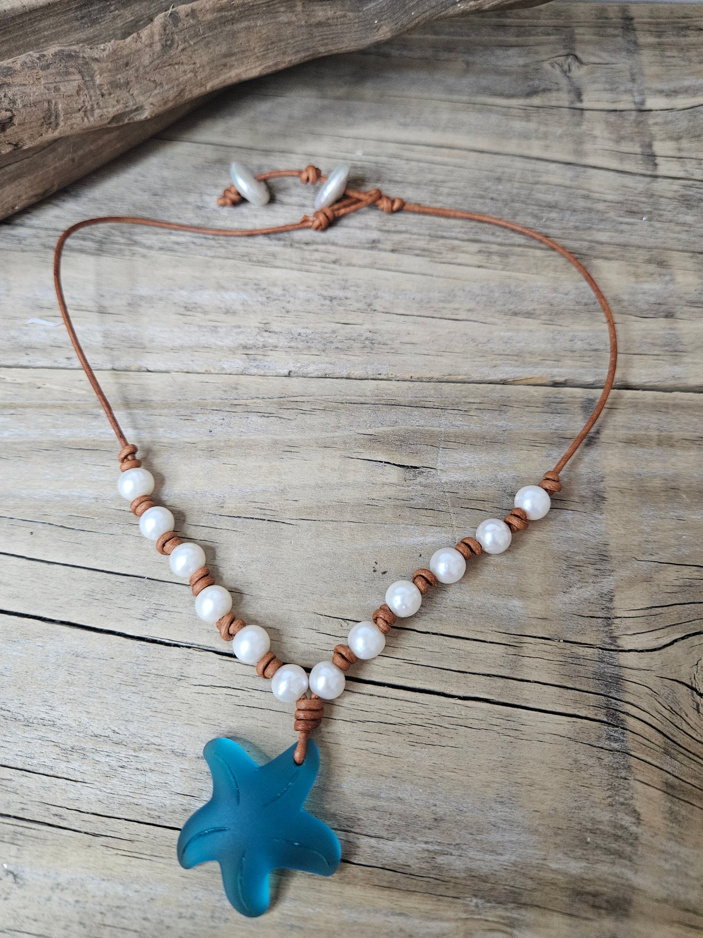 Freshwater Pearl on Leather Blue Sea Glass Starfish Pendent Necklace