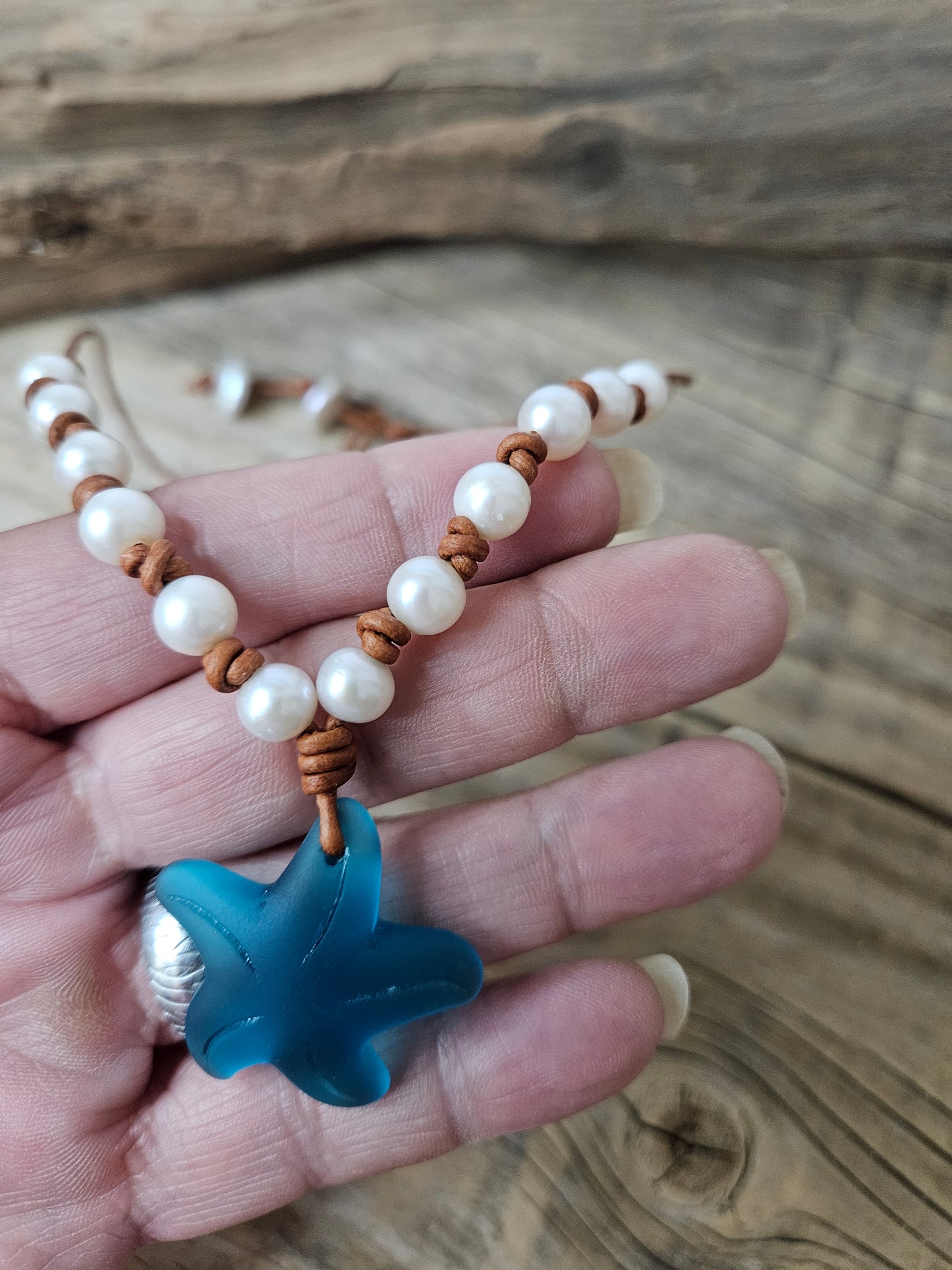 Freshwater Pearl on Leather Blue Sea Glass Starfish Pendent Necklace
