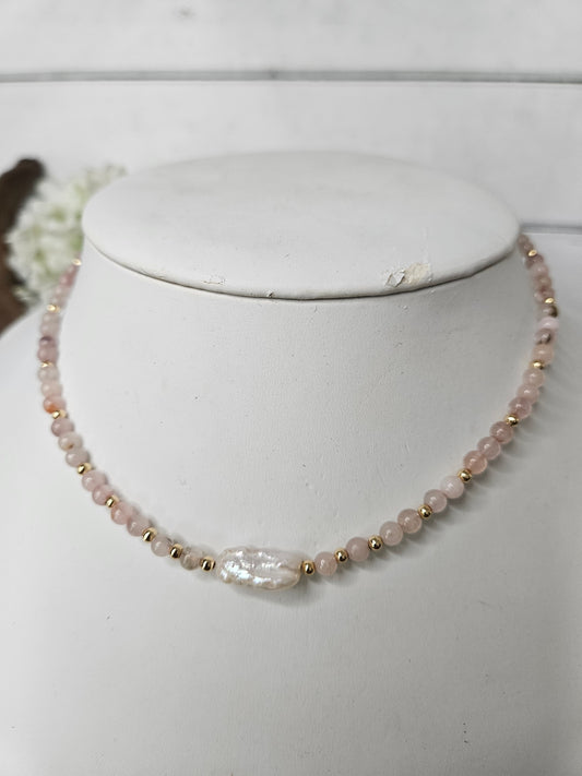 Boho Pink Rose Quartz Baroque Pearl Semi Precious Stone Necklace