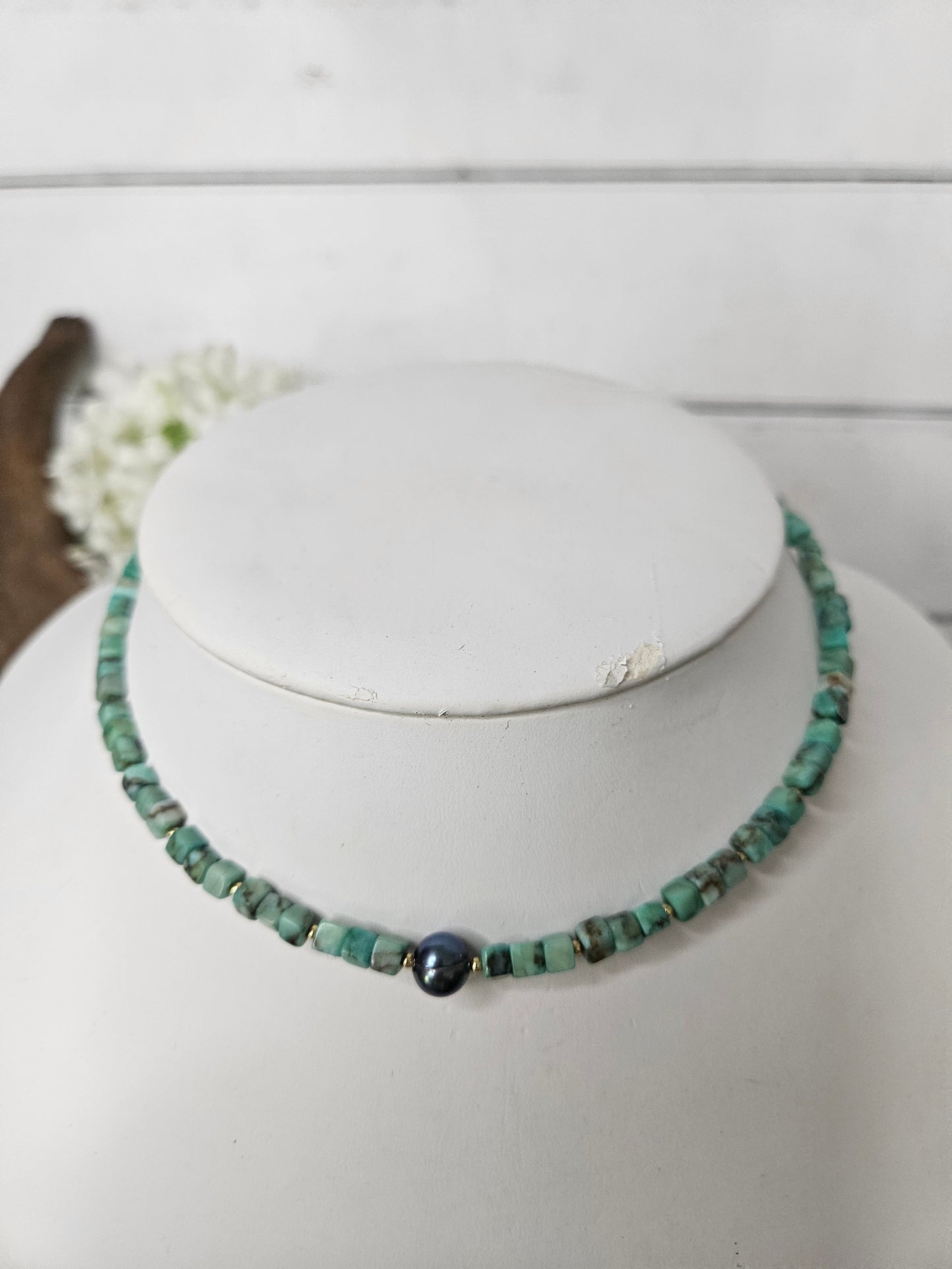 Turquoise color Shell Pearl Necklace Earring Set