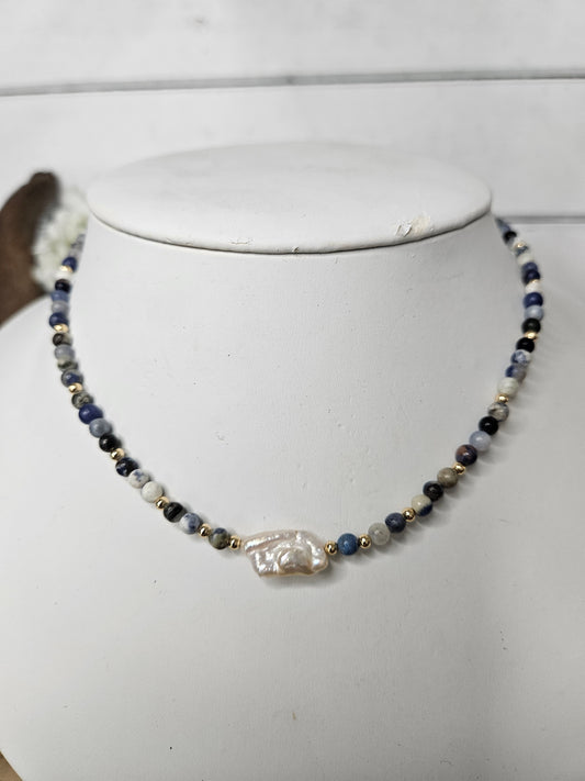 Boho Sodalite Baroque Pearl Semi Precious Stone Necklace