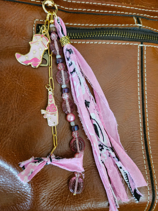 Southwestern Inspired Long Pink Cowgirl Purse Charm with Tassel