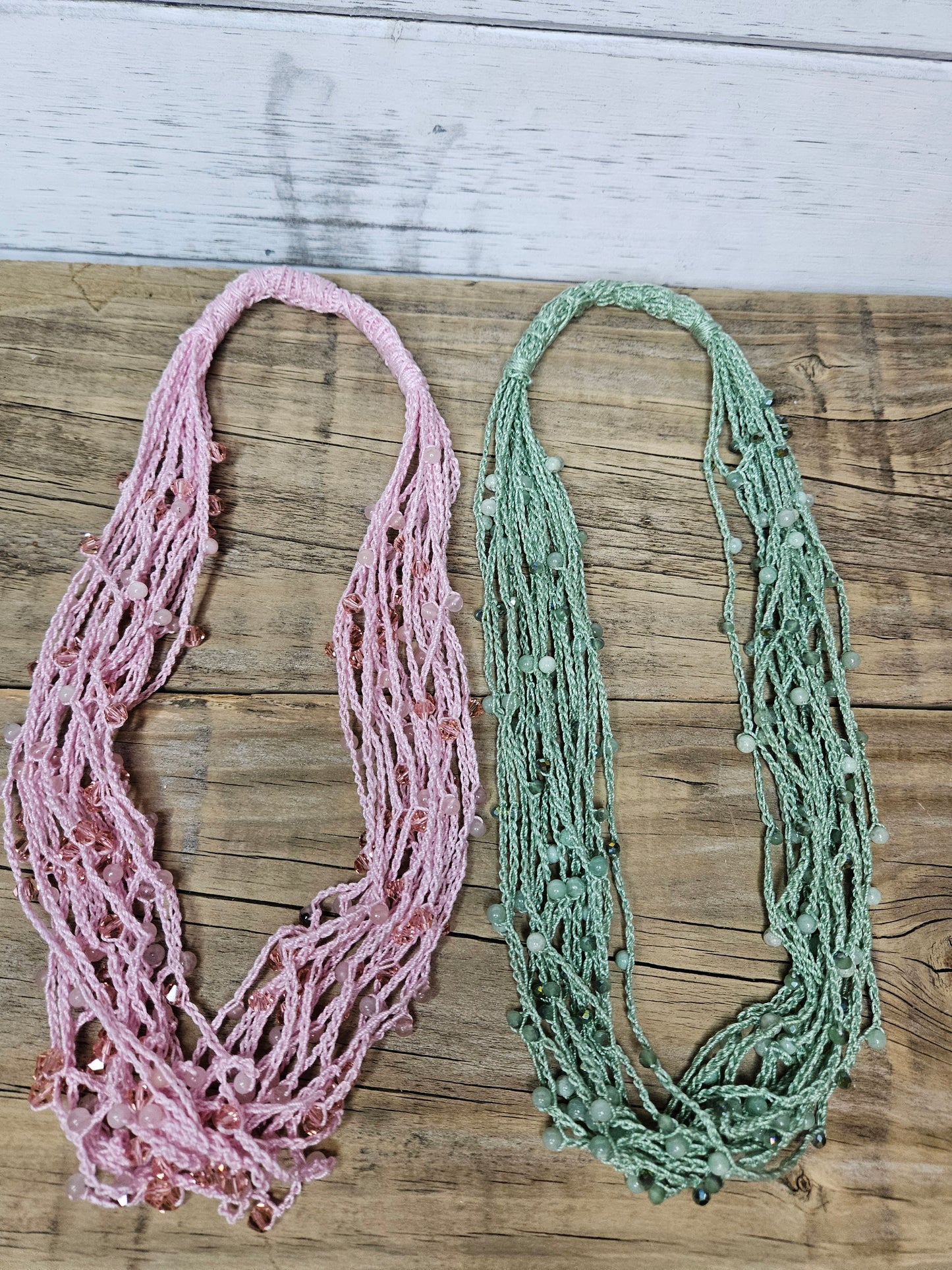 Boho Chic Pink or Green Crochet 100% Cotton Multi Layer Necklace