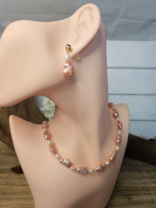 Pink Freshwater Pearl Necklace /Earring Set