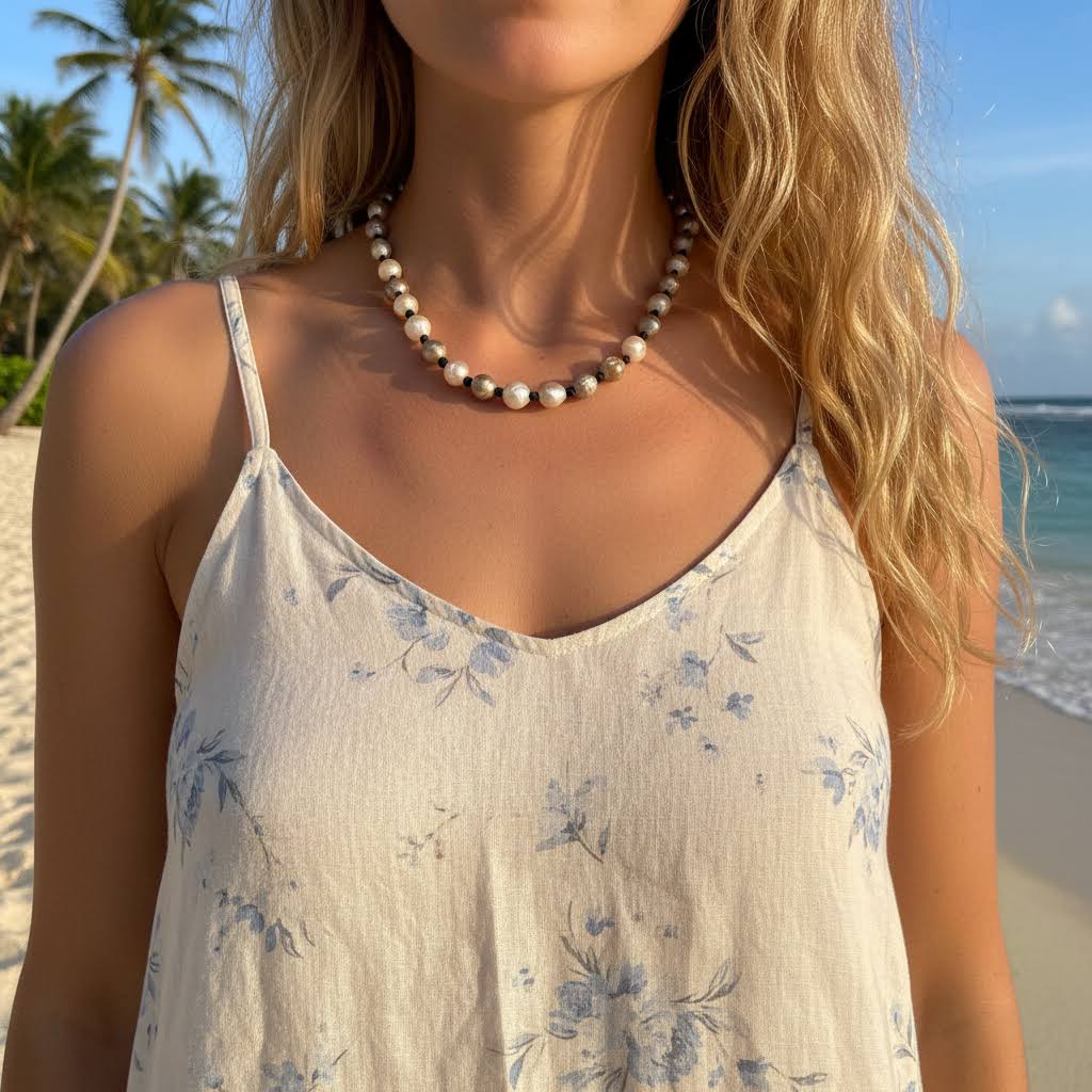 Leather Pearl Necklace: Large  Multi Color Baroque Pearl