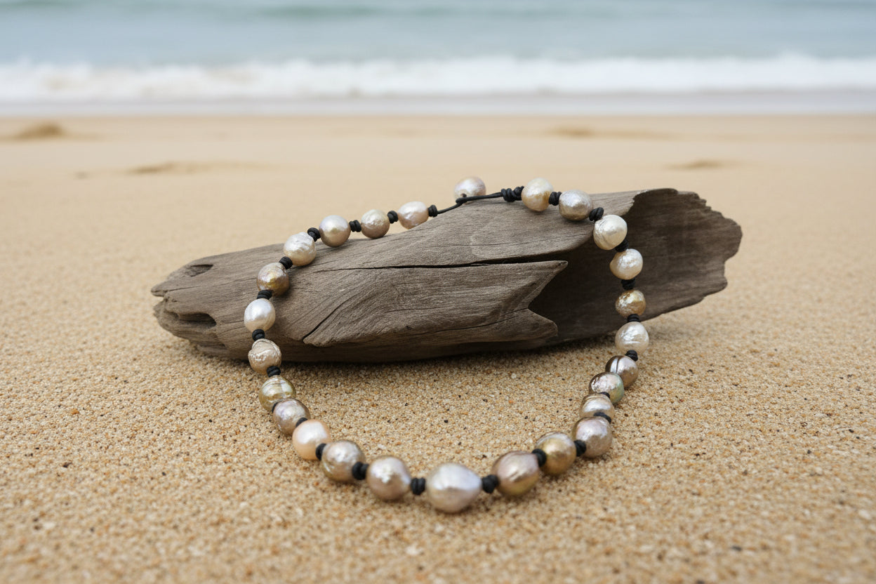 Leather Pearl Necklace: Large  Multi Color Baroque Pearl