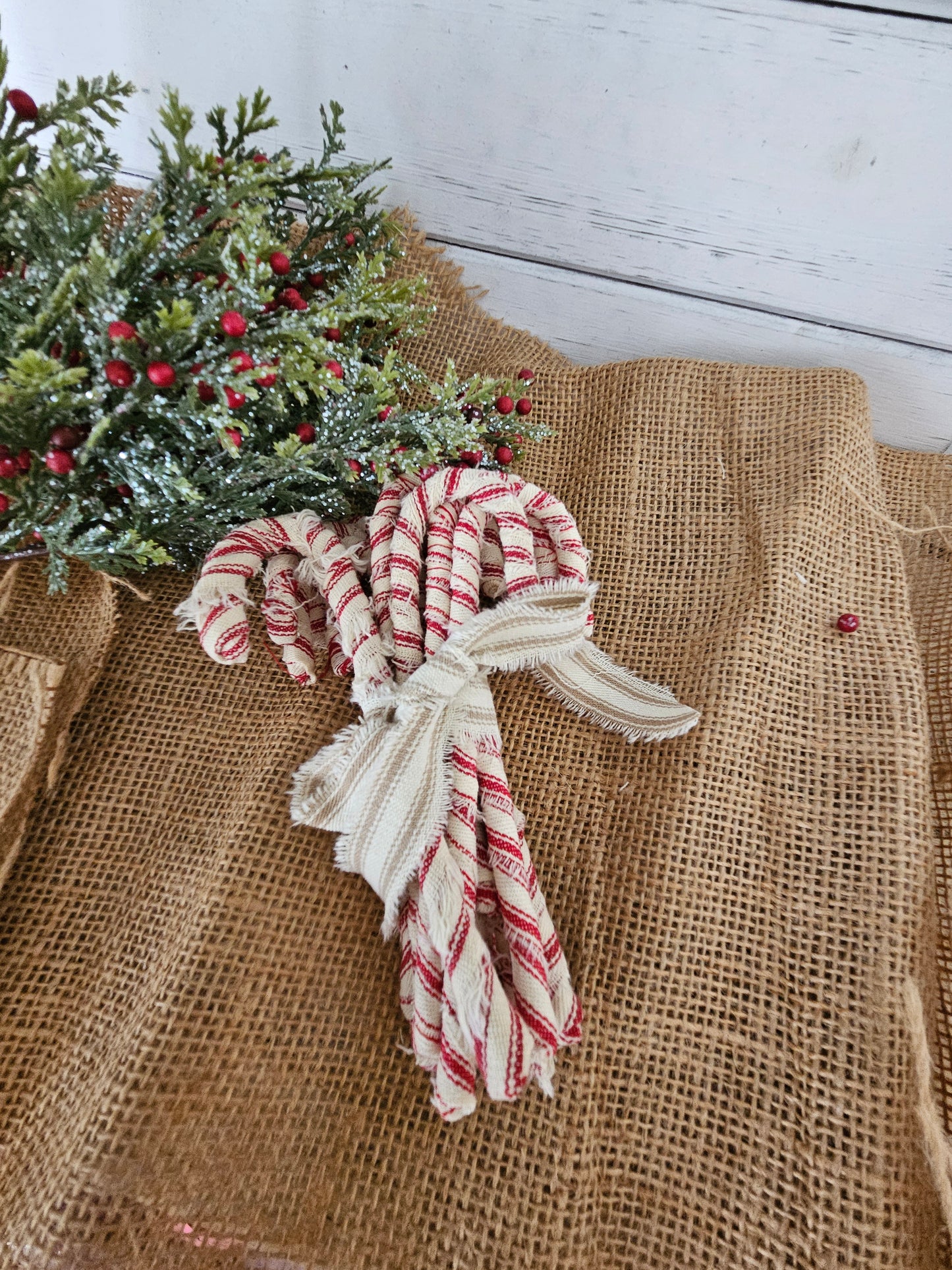 Handmade Red & White Ticking Fabric Candy Cane Ornaments - Set of 12, Primitive Christmas Decor