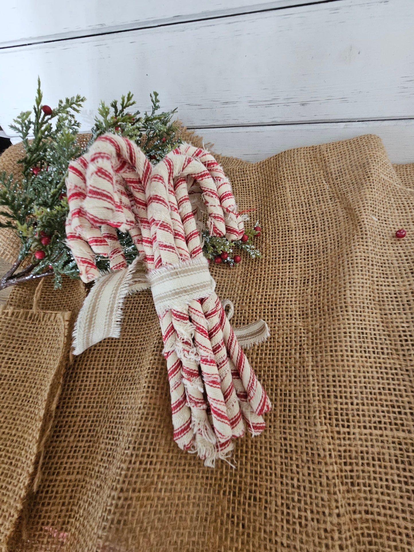 Handmade Red & White Ticking Fabric Candy Cane Ornaments - Set of 12, Primitive Christmas Decor