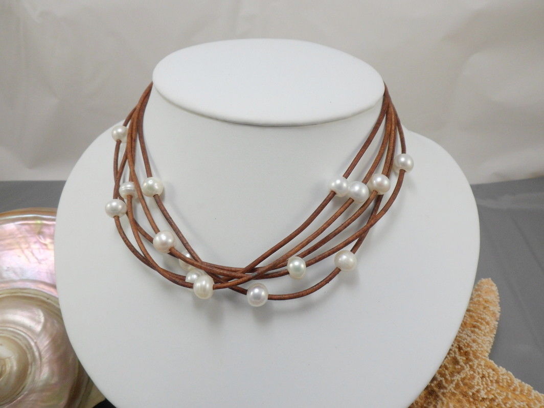 Boho Beach Leather Freshwater Pearl Multi Row Necklace