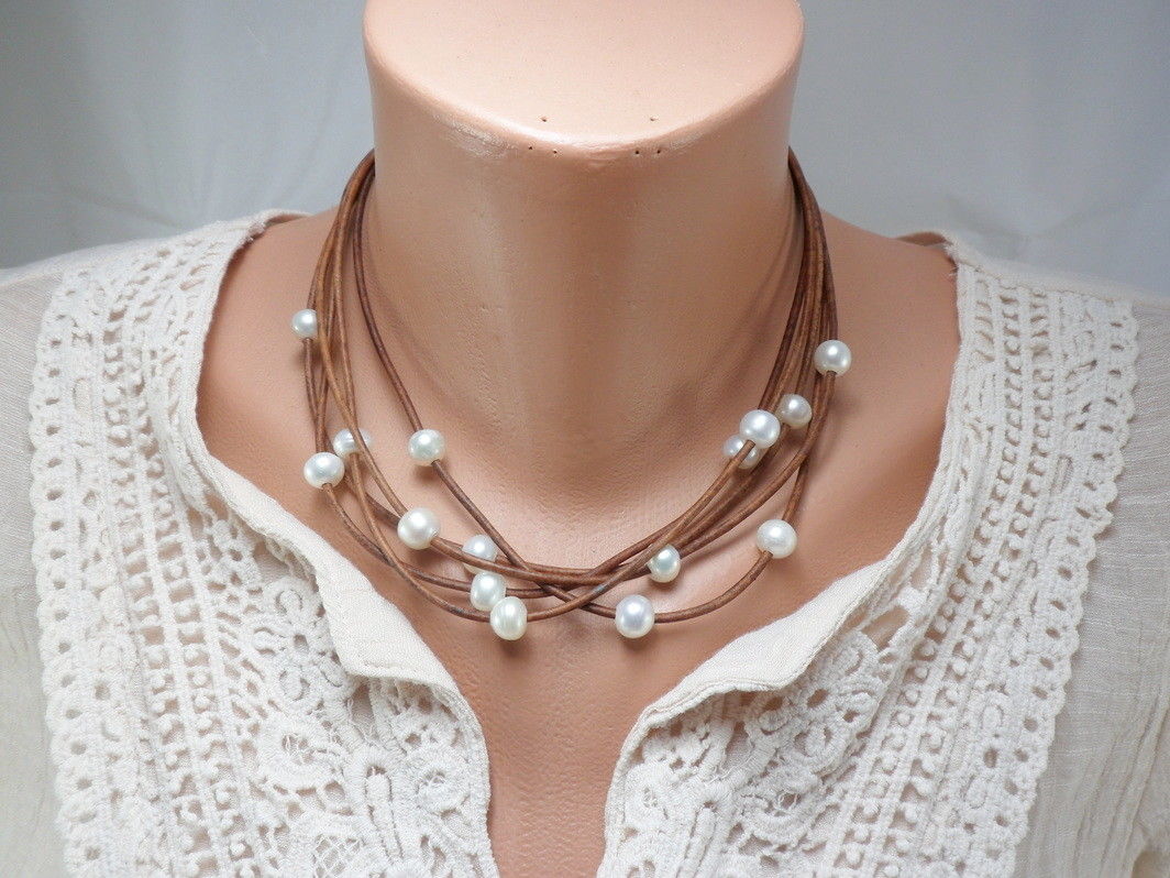 Boho Beach Leather Freshwater Pearl Multi Row Necklace