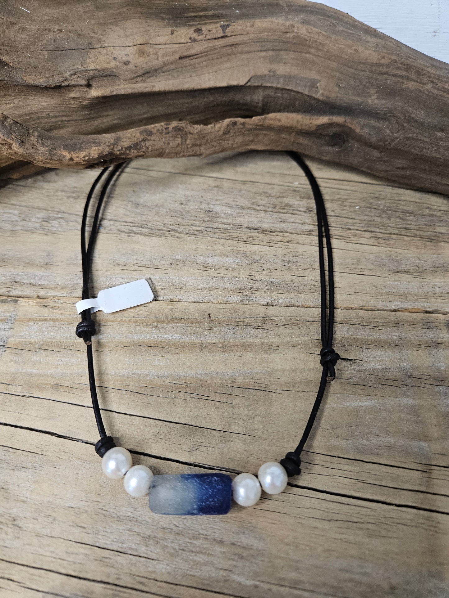 Boho Leather Sea Glass Freshwater Pearl Choker