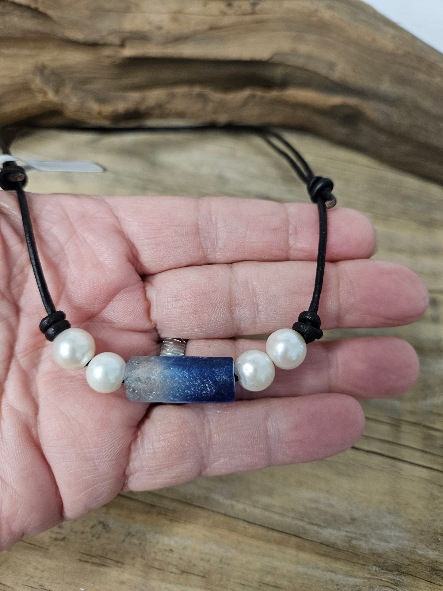 Boho Leather Sea Glass Freshwater Pearl Choker