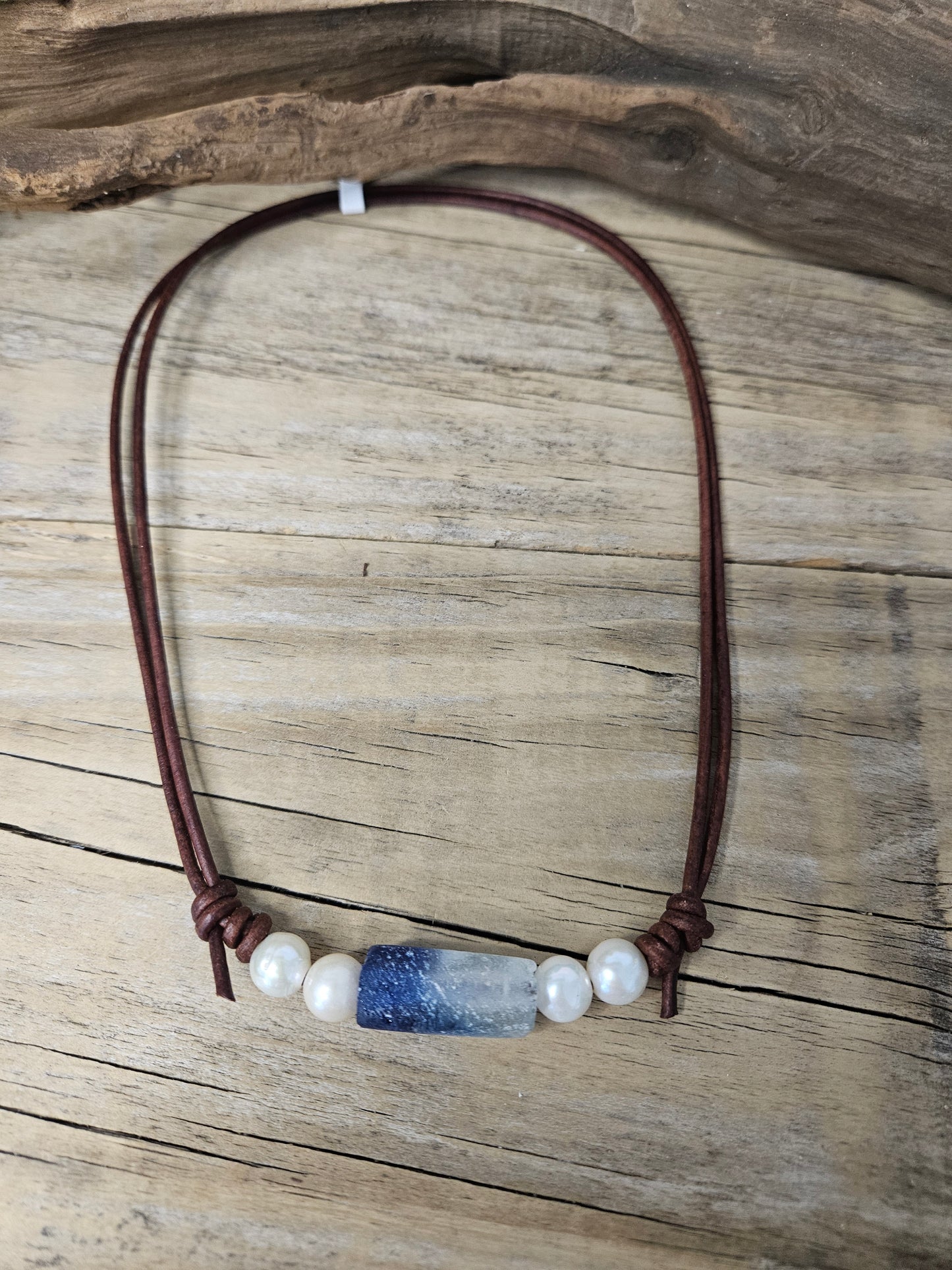 Boho Leather Sea Glass Freshwater Pearl Choker