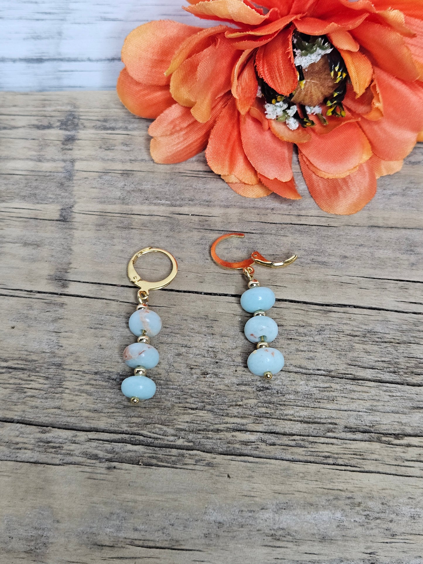 Blue Snake Skin Jasper Gold Dangle Earrings