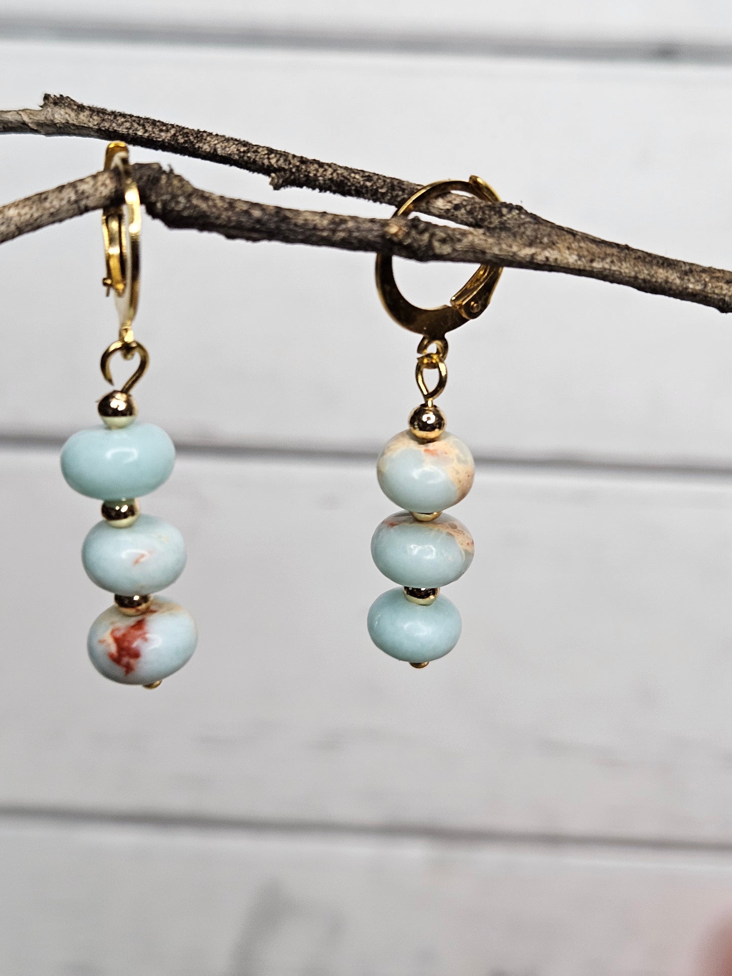 Blue Snake Skin Jasper Gold Dangle Earrings